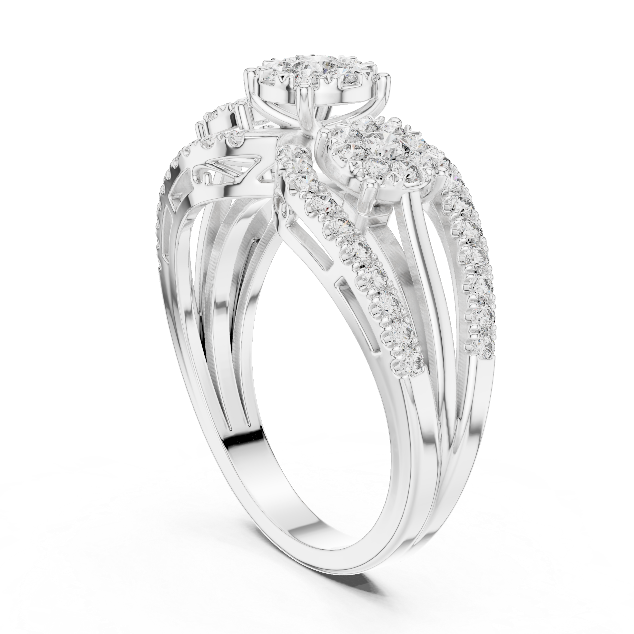 Sparkling diamond clusters and a split band design.