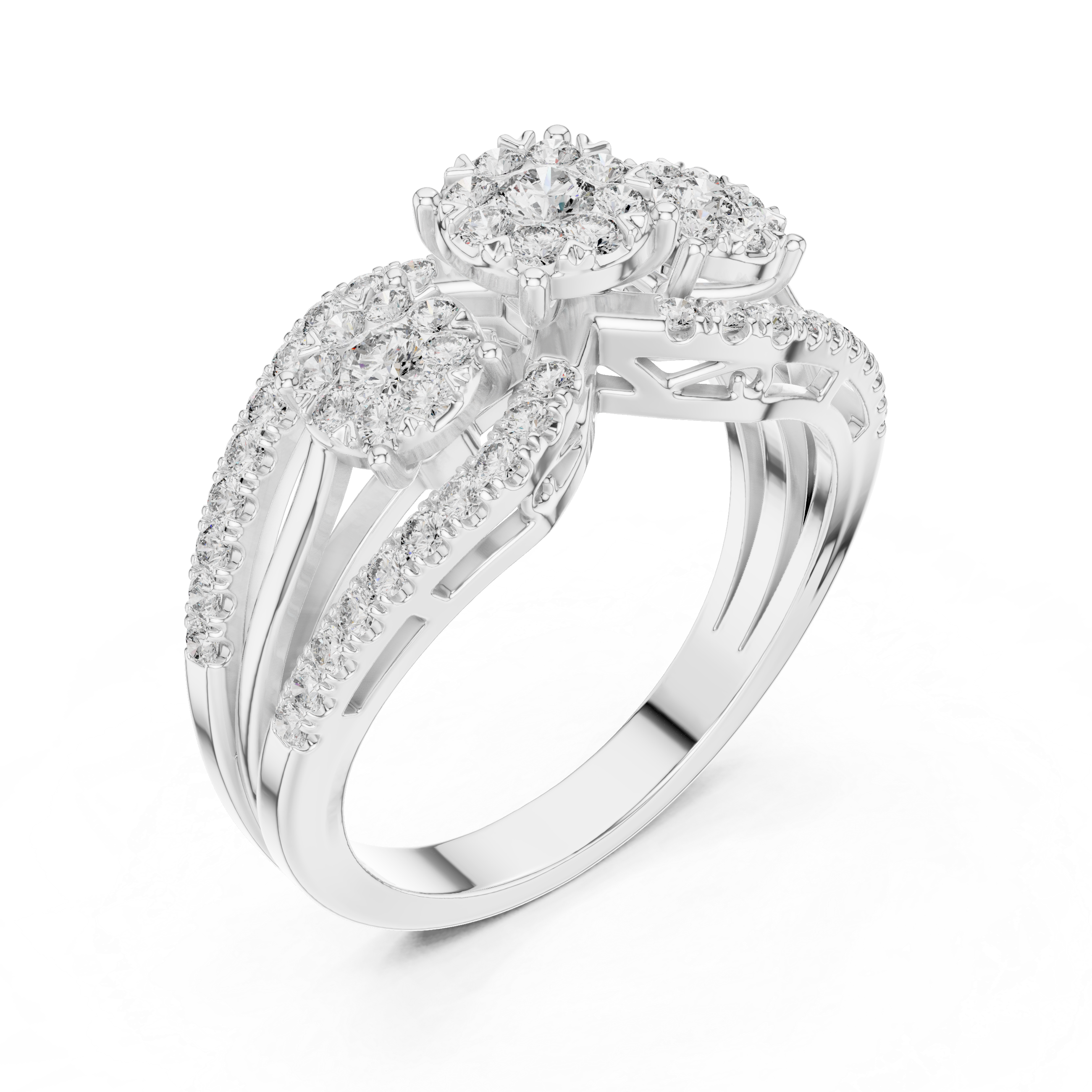 Sparkling diamond clusters and a split band design.