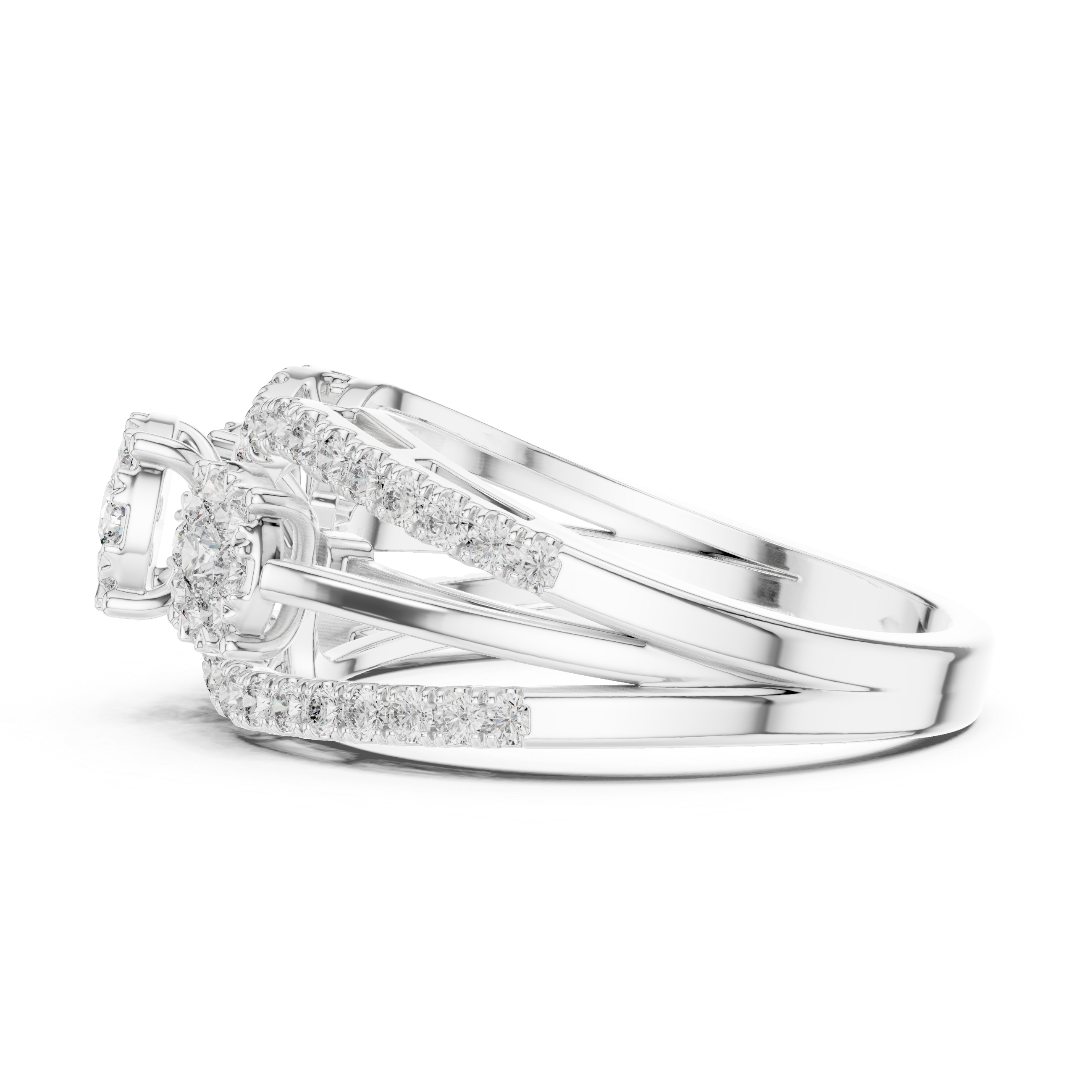 Sparkling diamond clusters and a split band design.