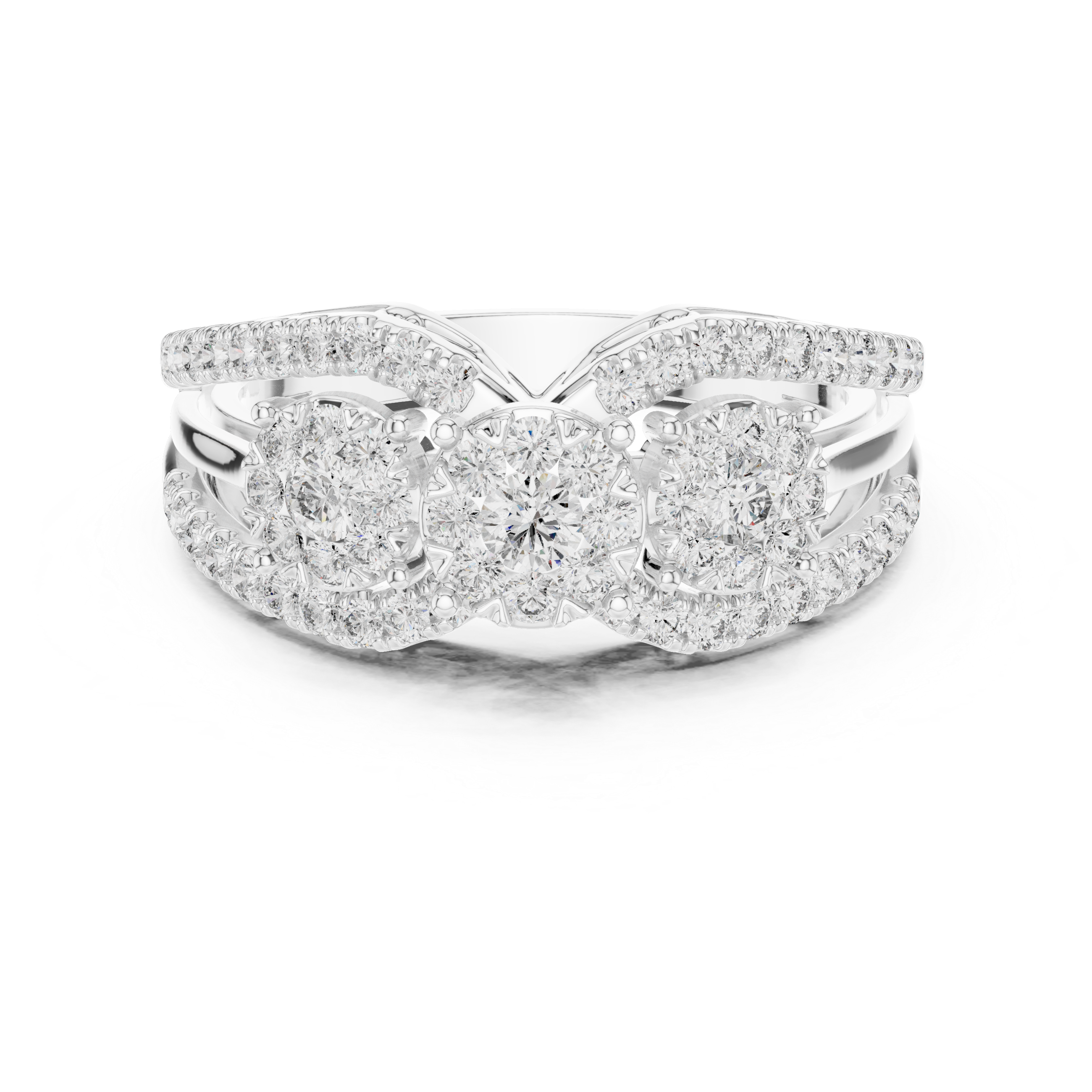 Sparkling diamond clusters and a split band design.
