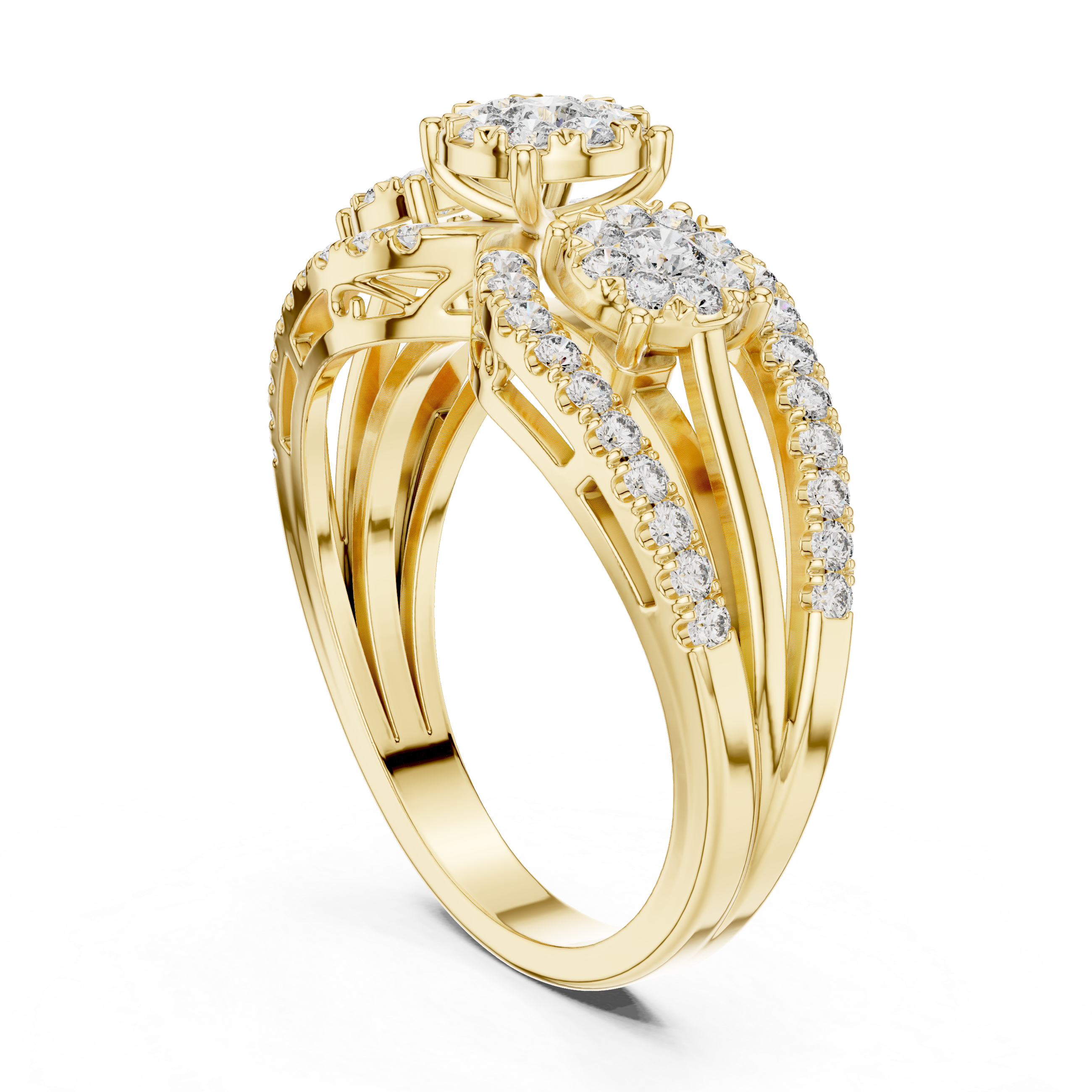 Sparkling diamond clusters and a split band design.