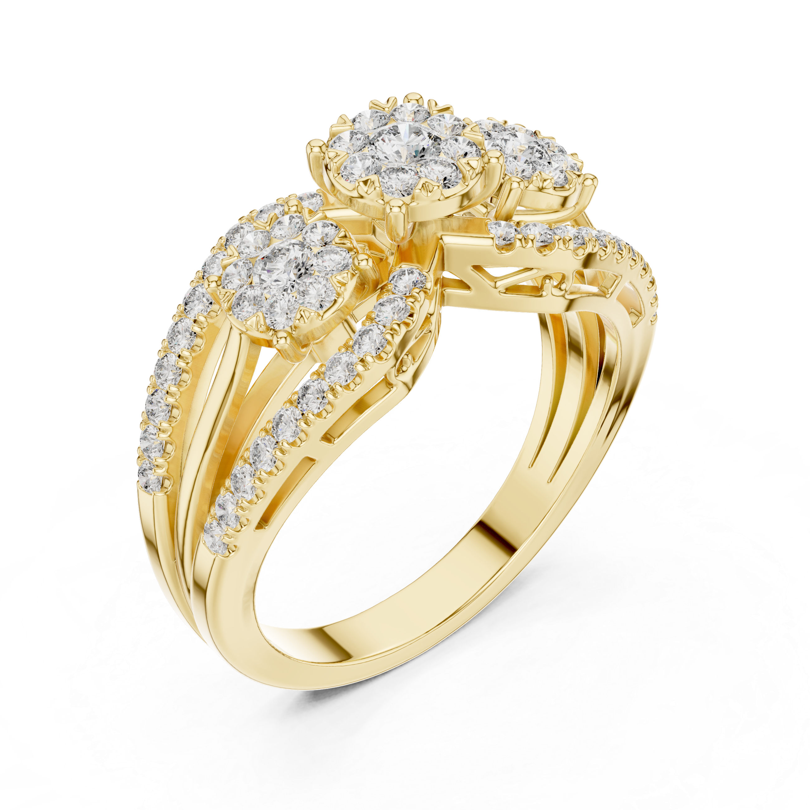 Sparkling diamond clusters and a split band design.