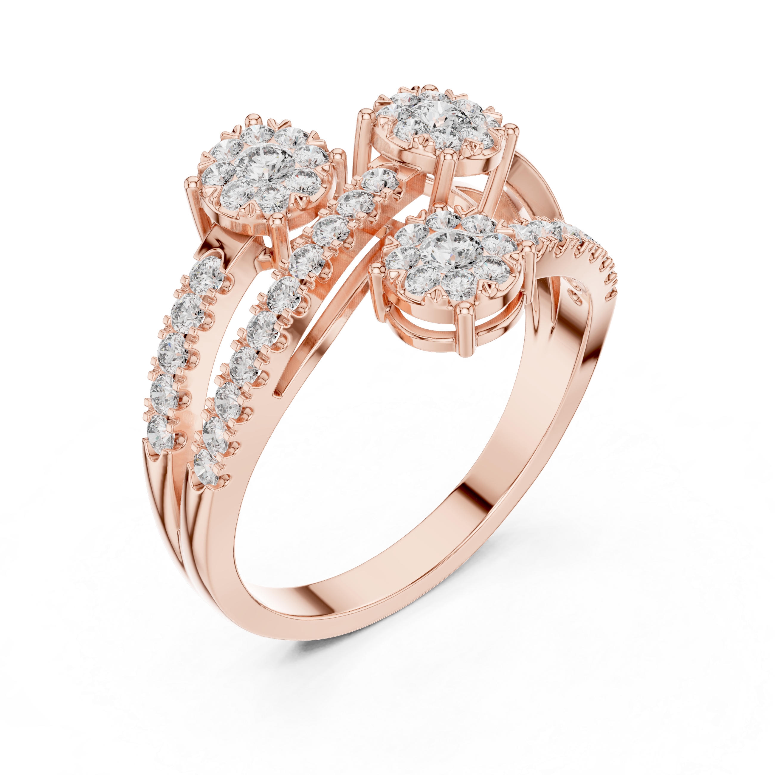 Triple diamond clusters and a split diamond-studded band.