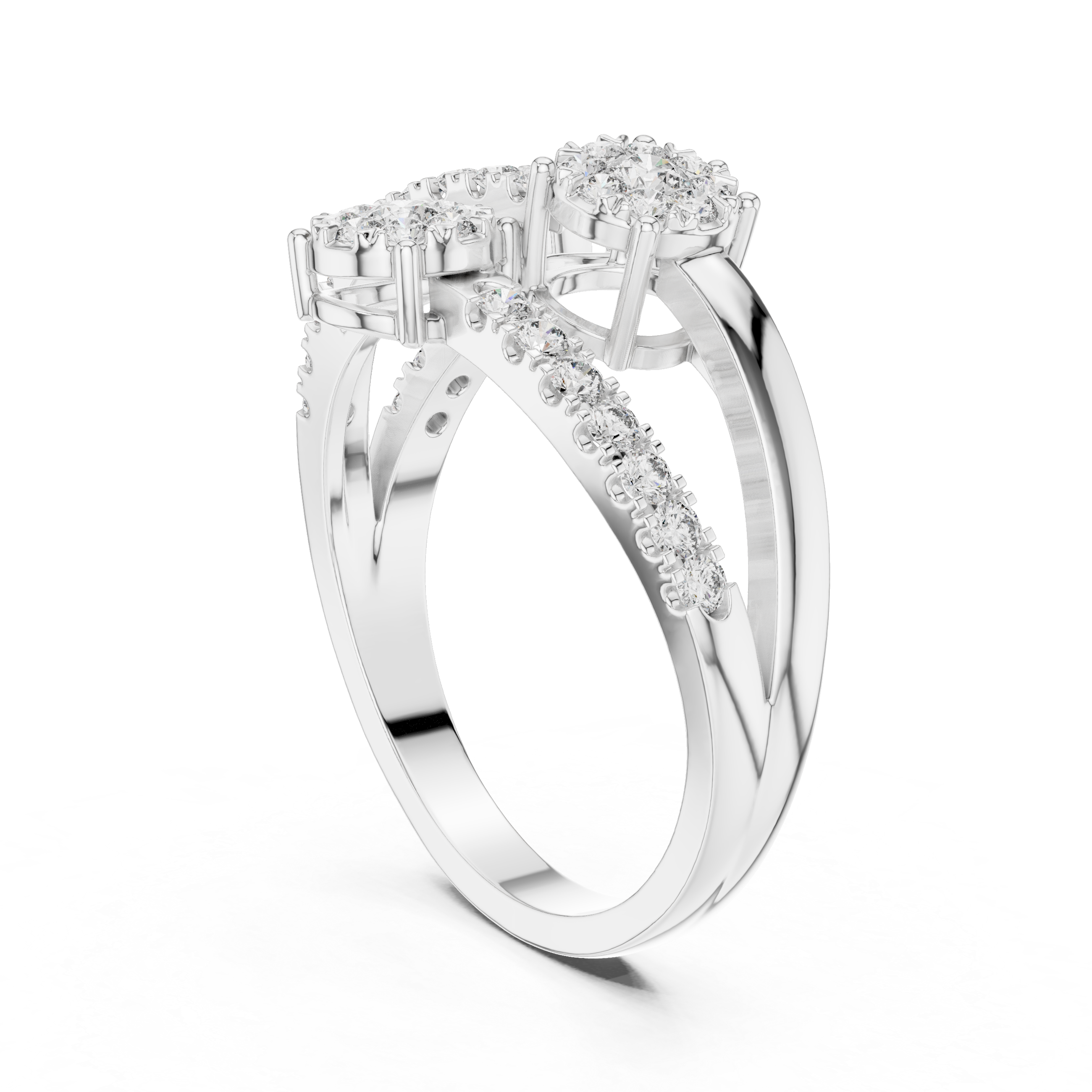 Triple diamond clusters and a split diamond-studded band.