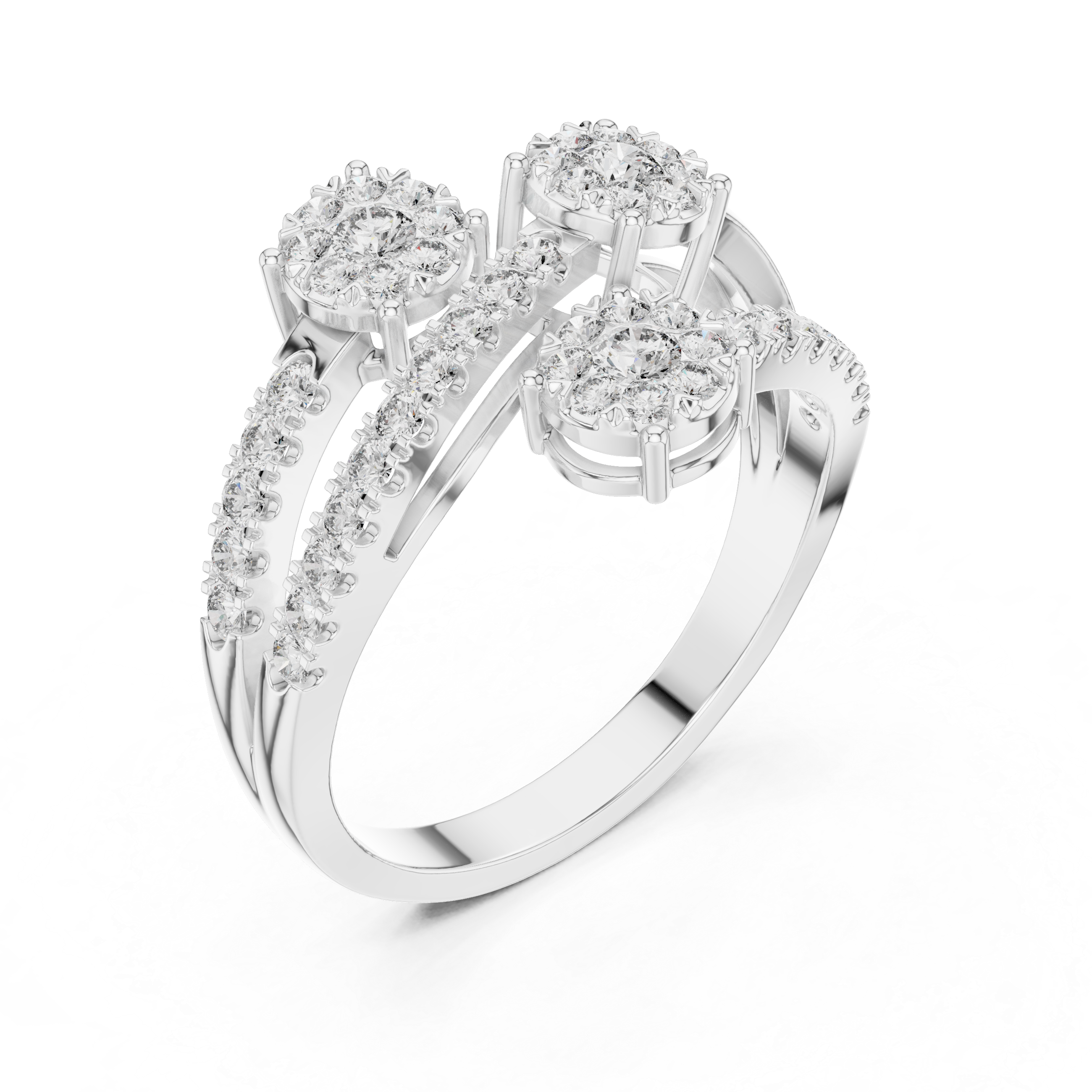 Triple diamond clusters and a split diamond-studded band.
