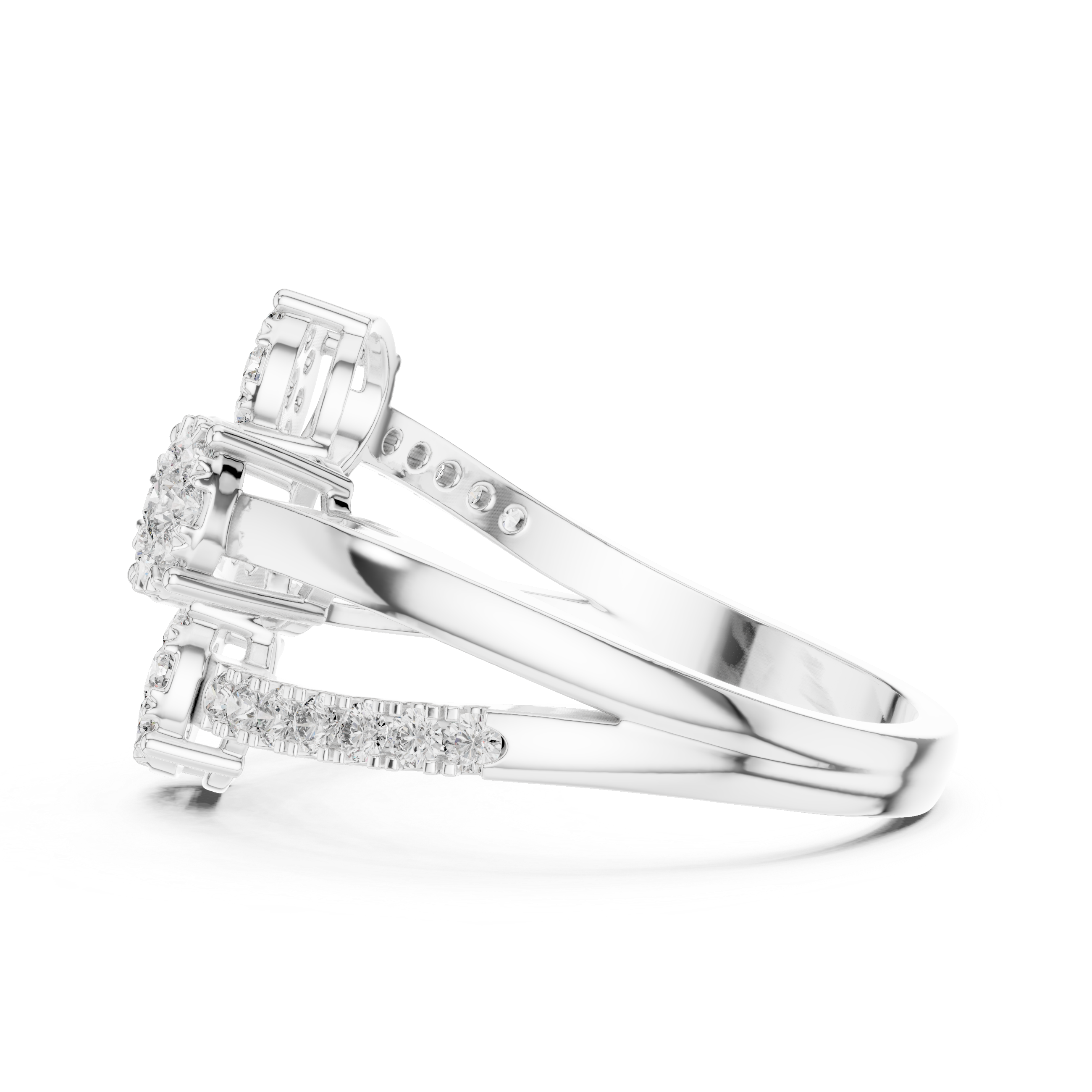 Triple diamond clusters and a split diamond-studded band.