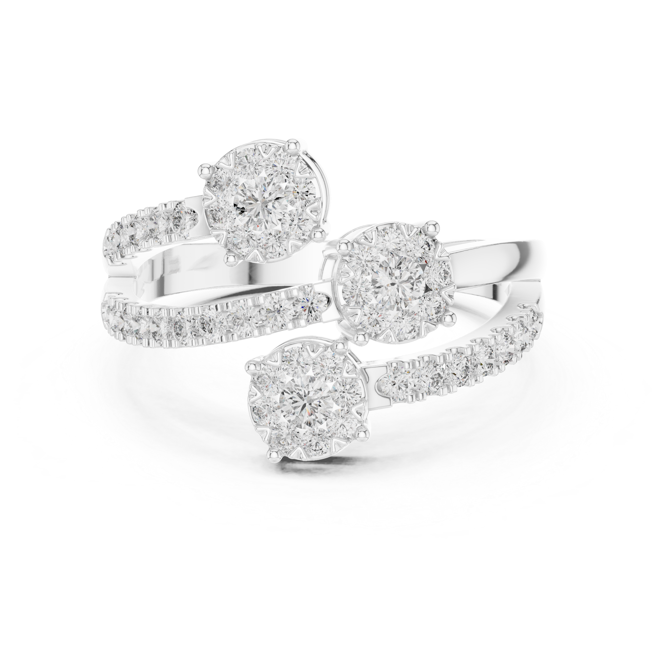 Triple diamond clusters and a split diamond-studded band.