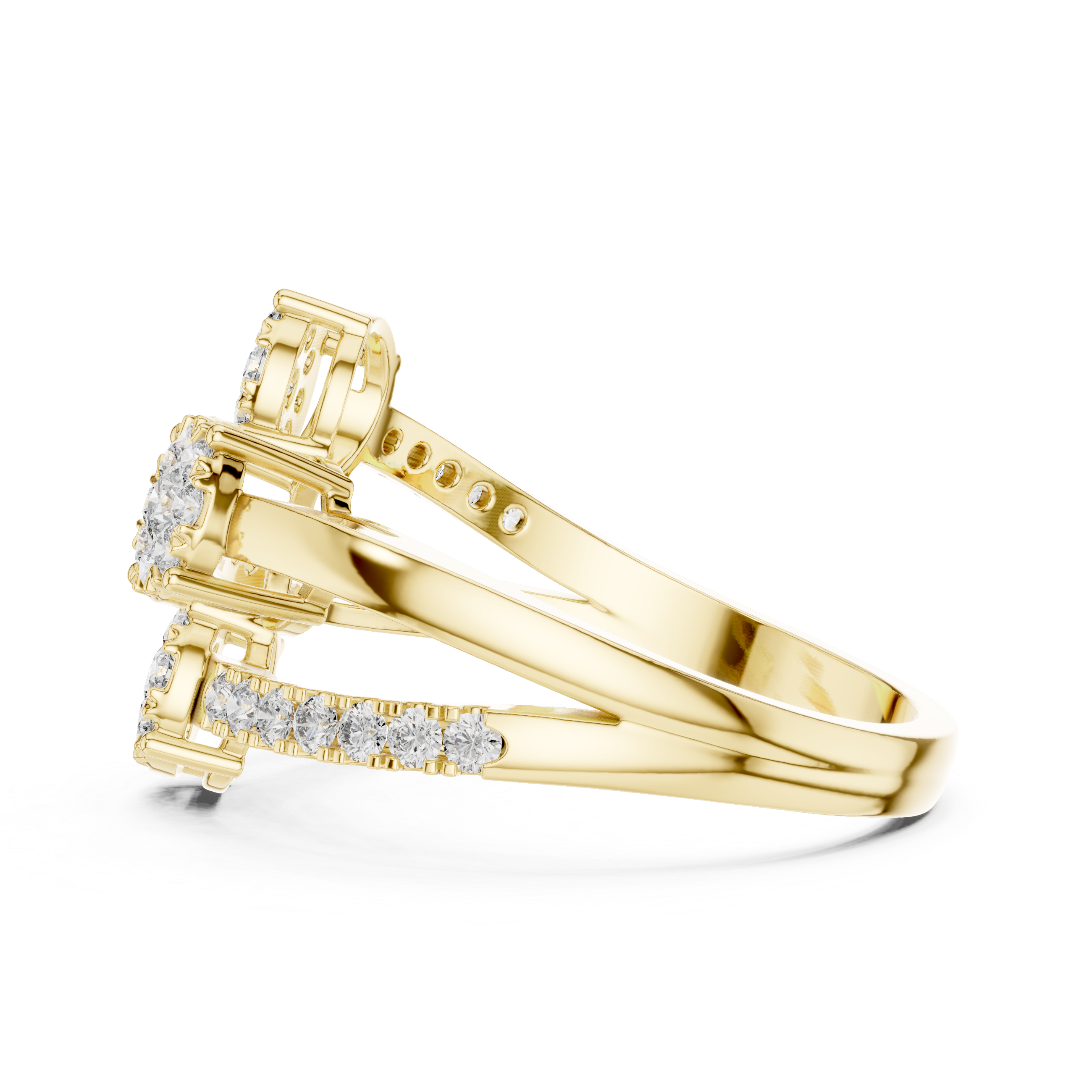 Triple diamond clusters and a split diamond-studded band.