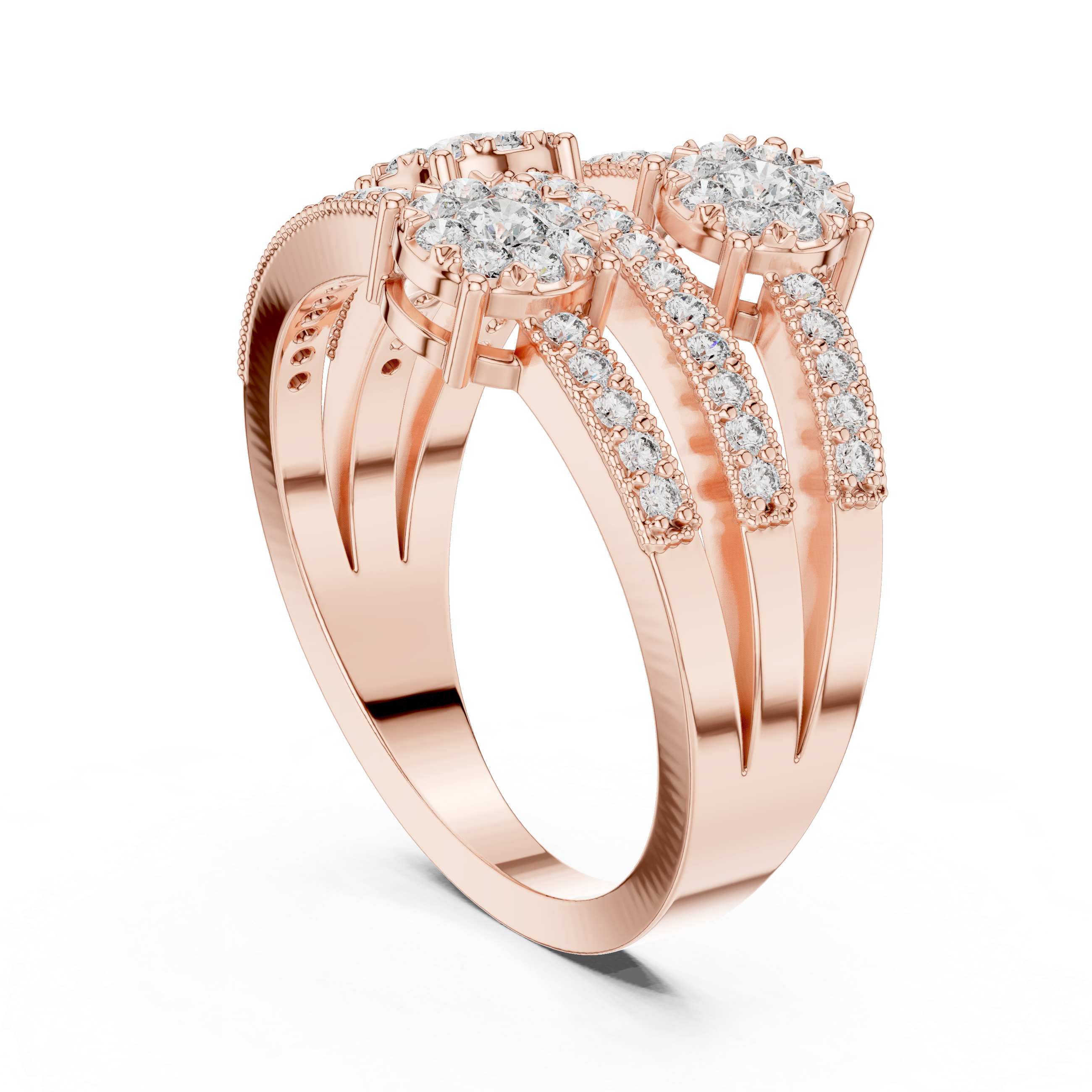 Triple cluster diamond ring with split diamond-studded bands.