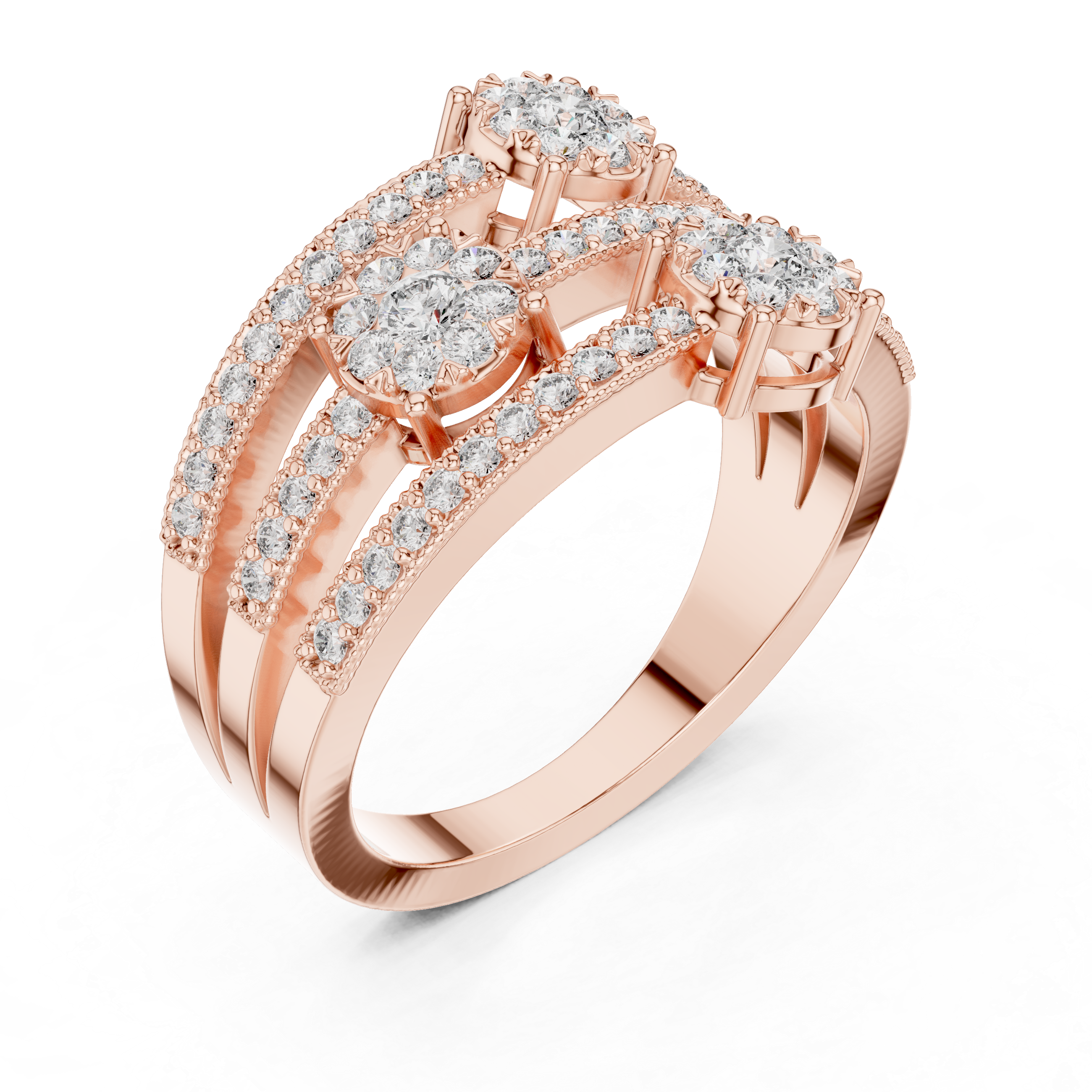 Triple cluster diamond ring with split diamond-studded bands.