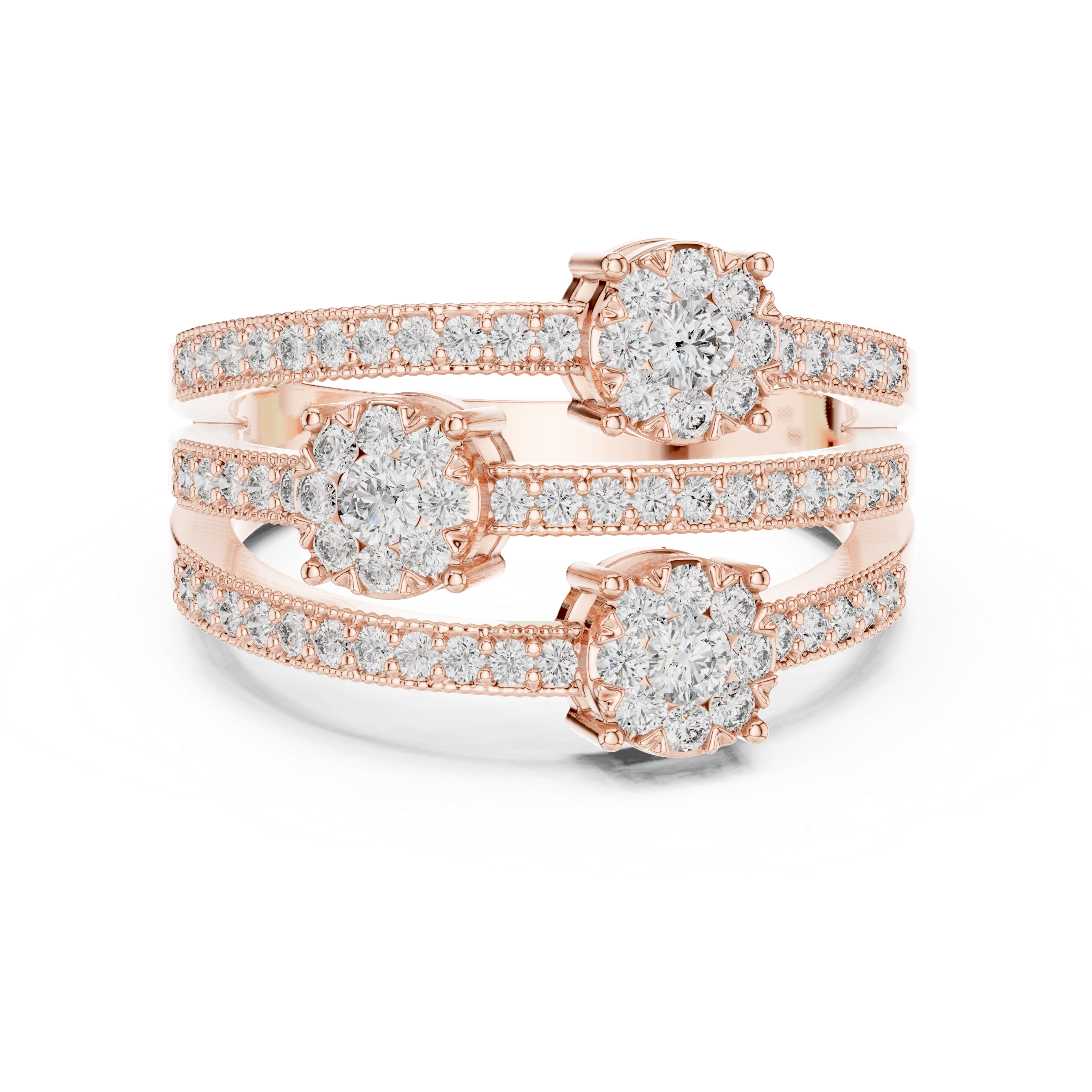 Triple cluster diamond ring with split diamond-studded bands.