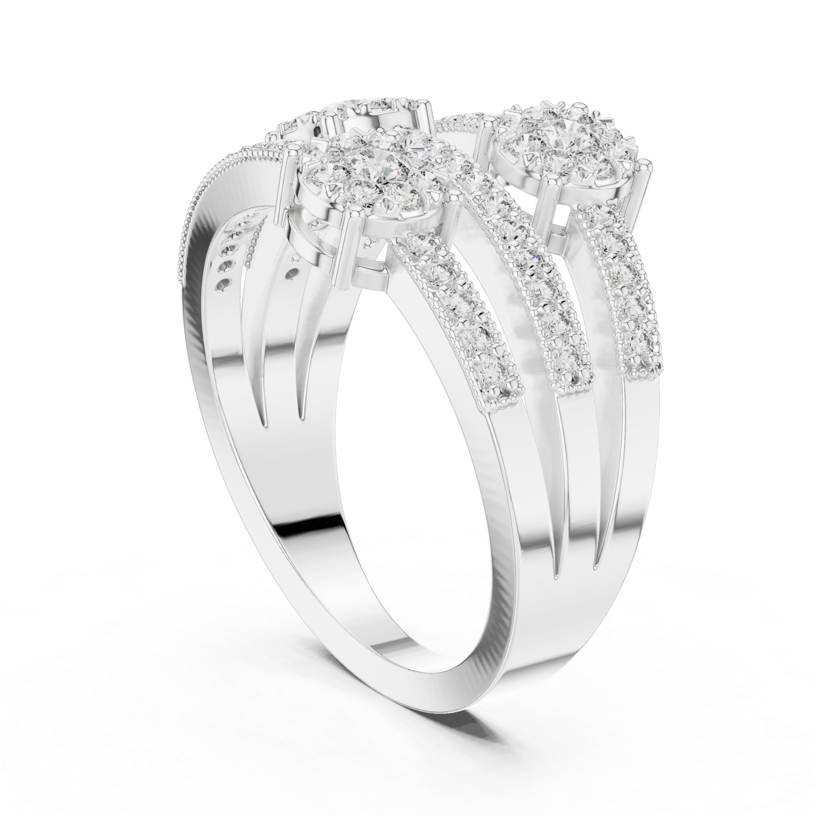 Triple cluster diamond ring with split diamond-studded bands.