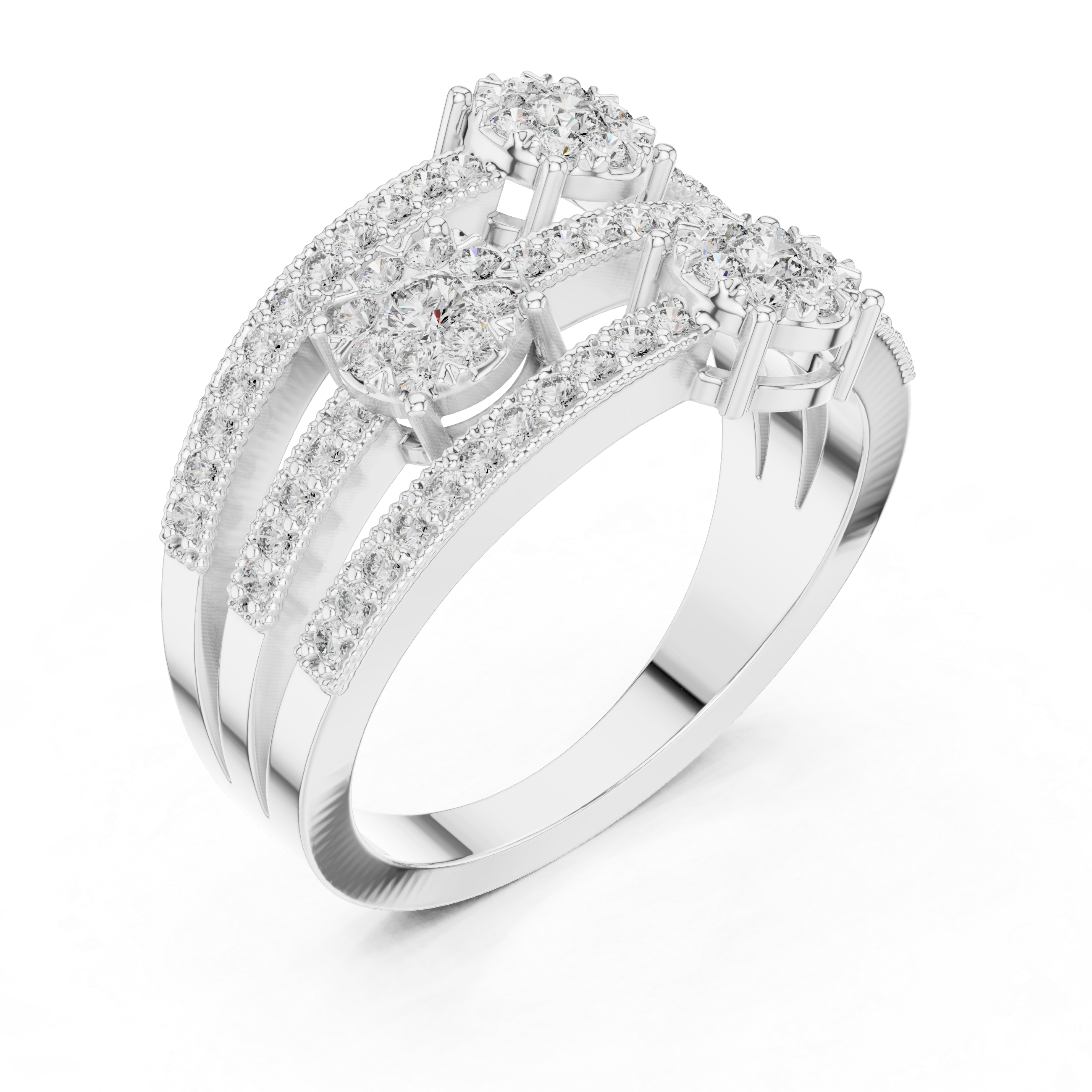 Triple cluster diamond ring with split diamond-studded bands.