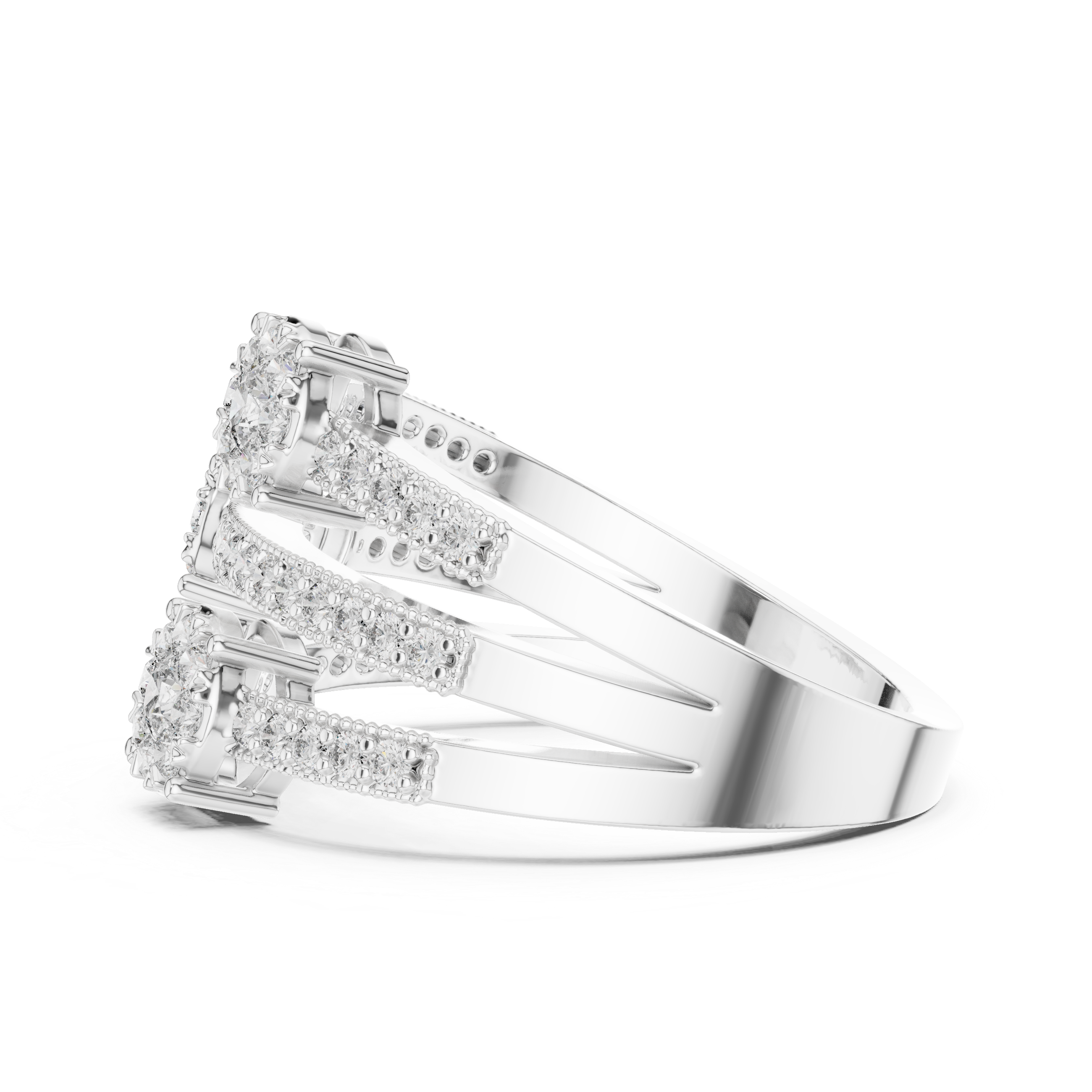Triple cluster diamond ring with split diamond-studded bands.