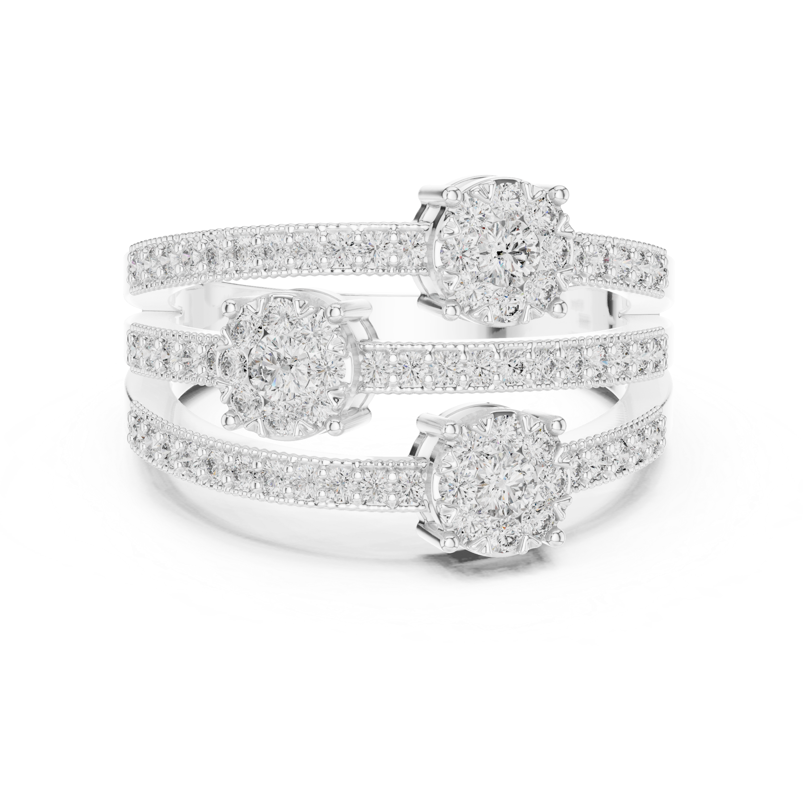 Triple cluster diamond ring with split diamond-studded bands.