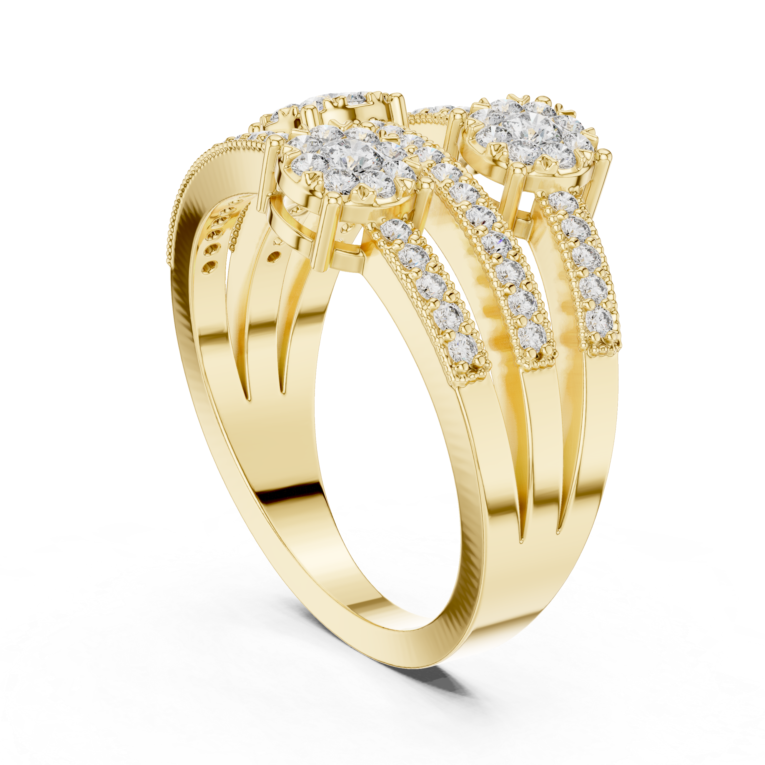 Triple cluster diamond ring with split diamond-studded bands.