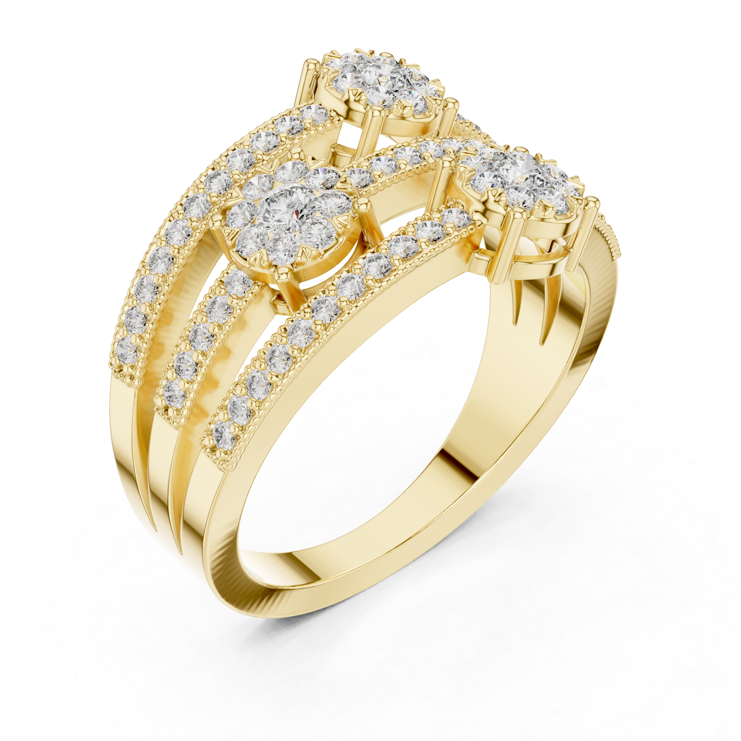 Triple cluster diamond ring with split diamond-studded bands.