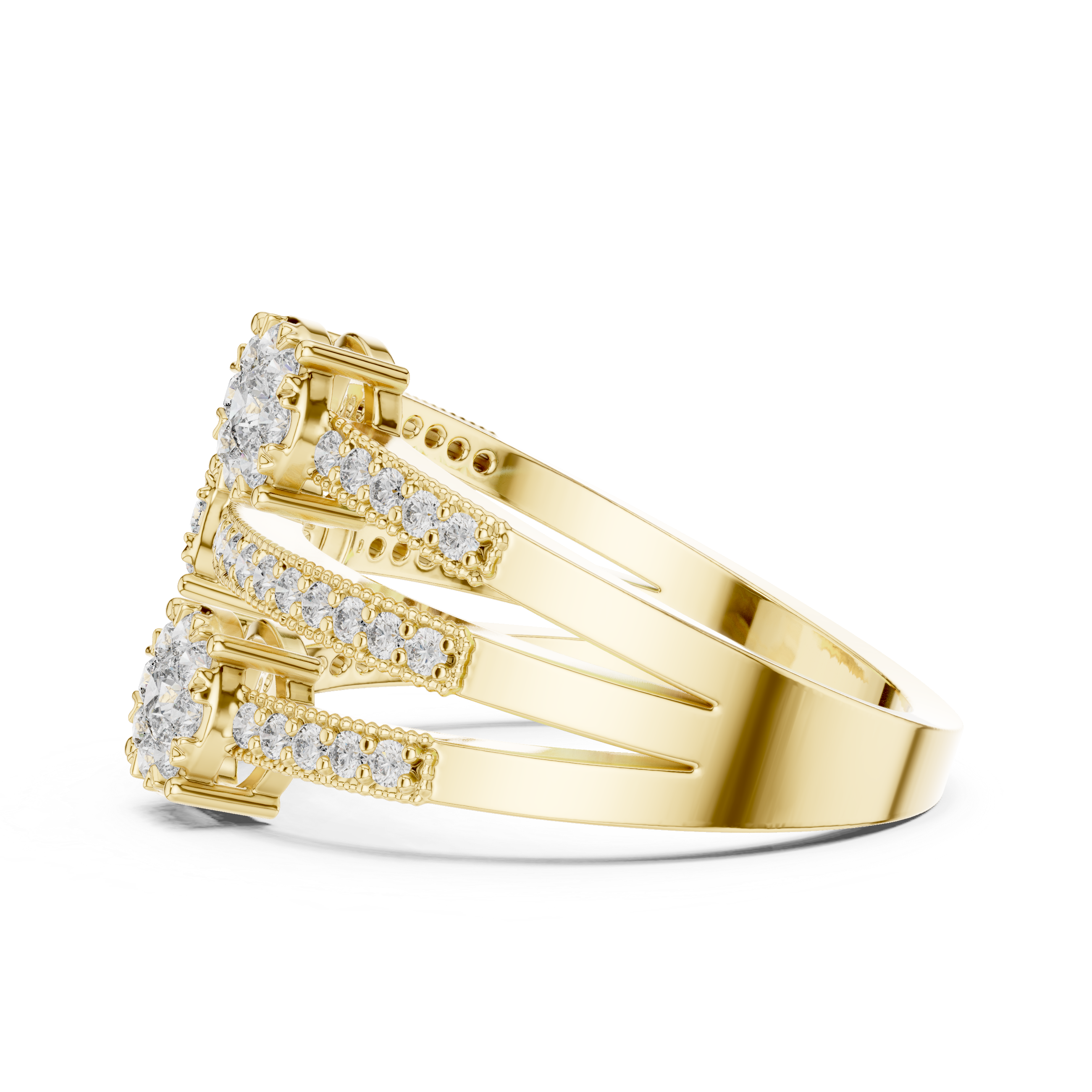 Triple cluster diamond ring with split diamond-studded bands.
