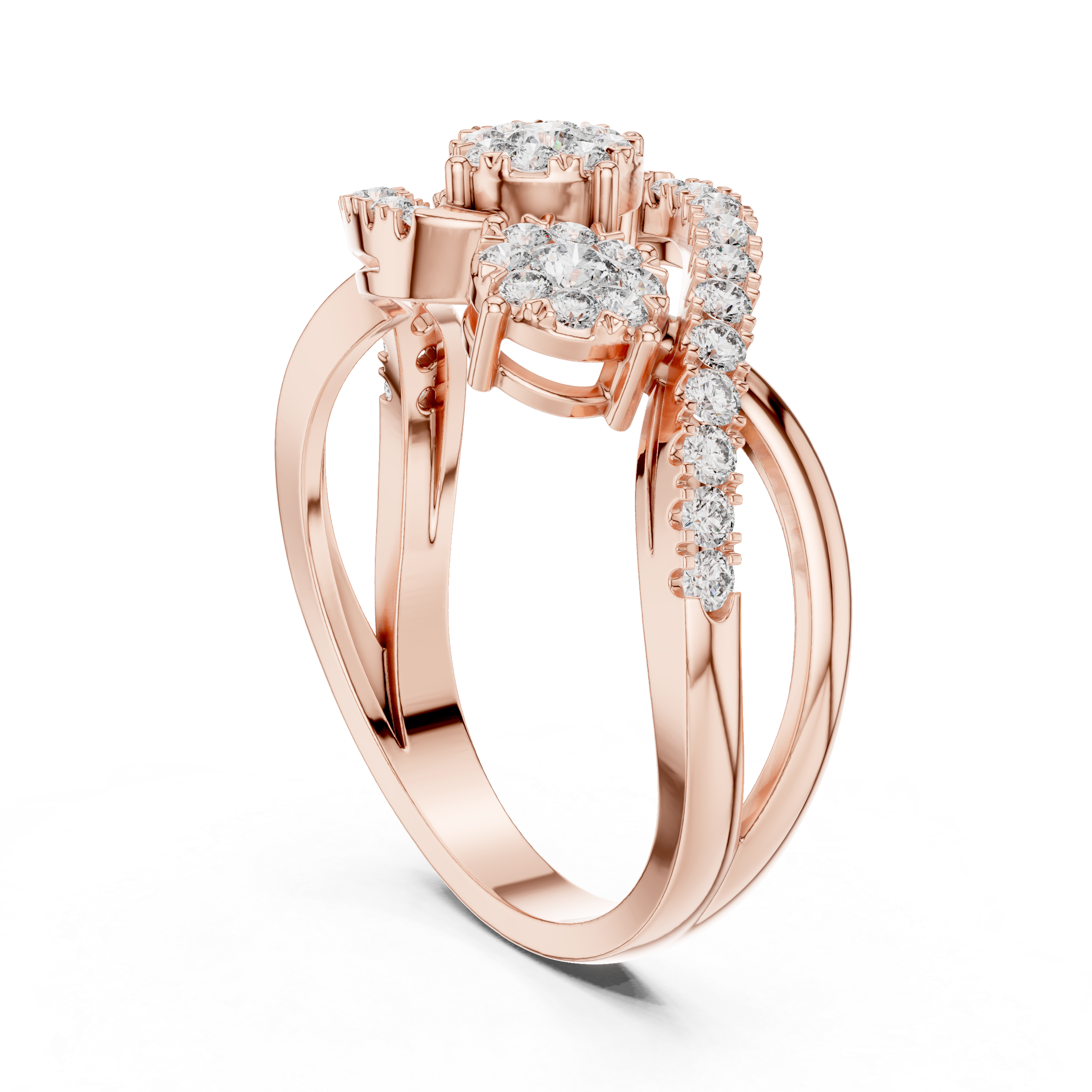 Luxurious ring with three diamond floral clusters and diamond accents
