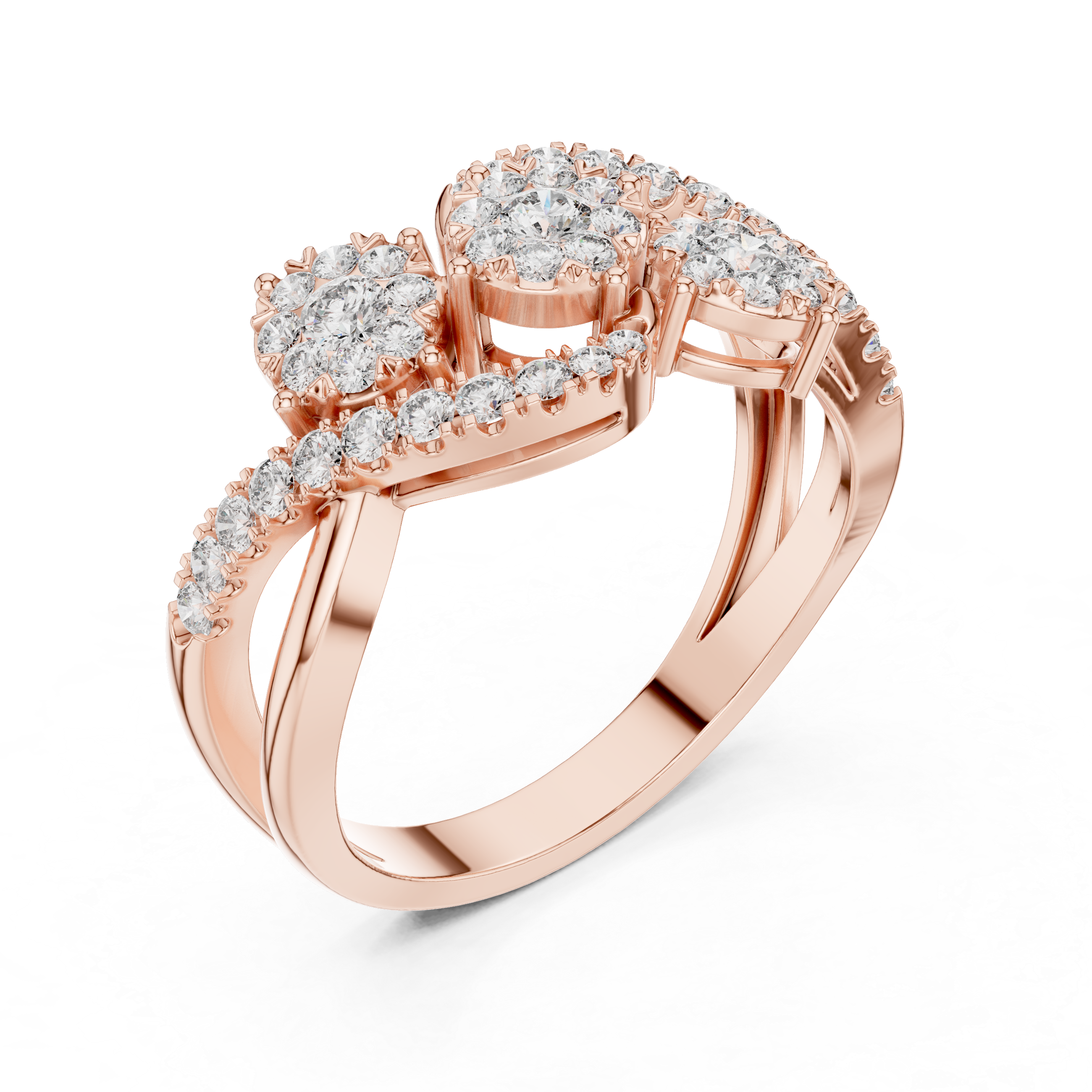 Luxurious ring with three diamond floral clusters and diamond accents