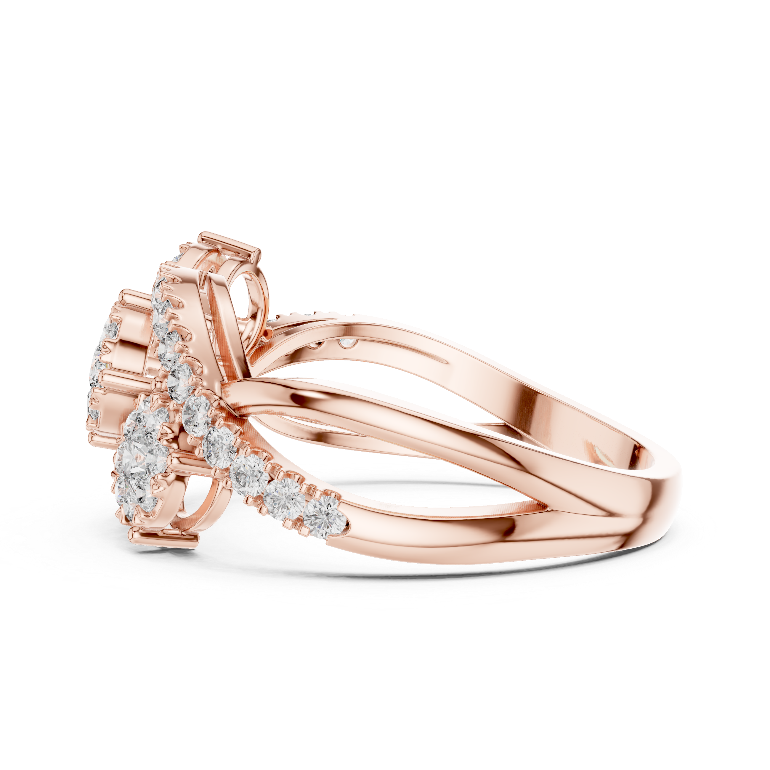 Luxurious ring with three diamond floral clusters and diamond accents