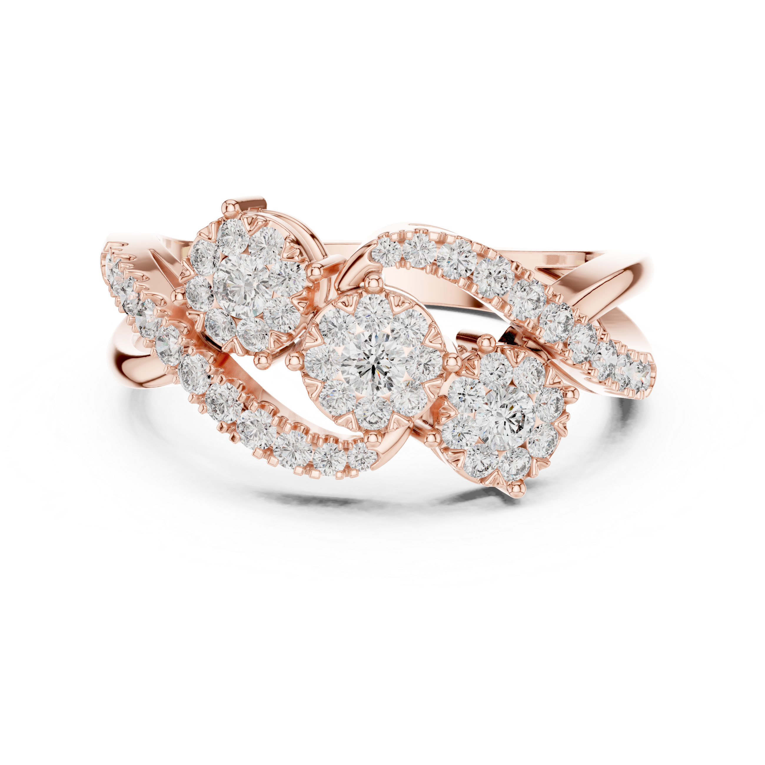 Luxurious ring with three diamond floral clusters and diamond accents