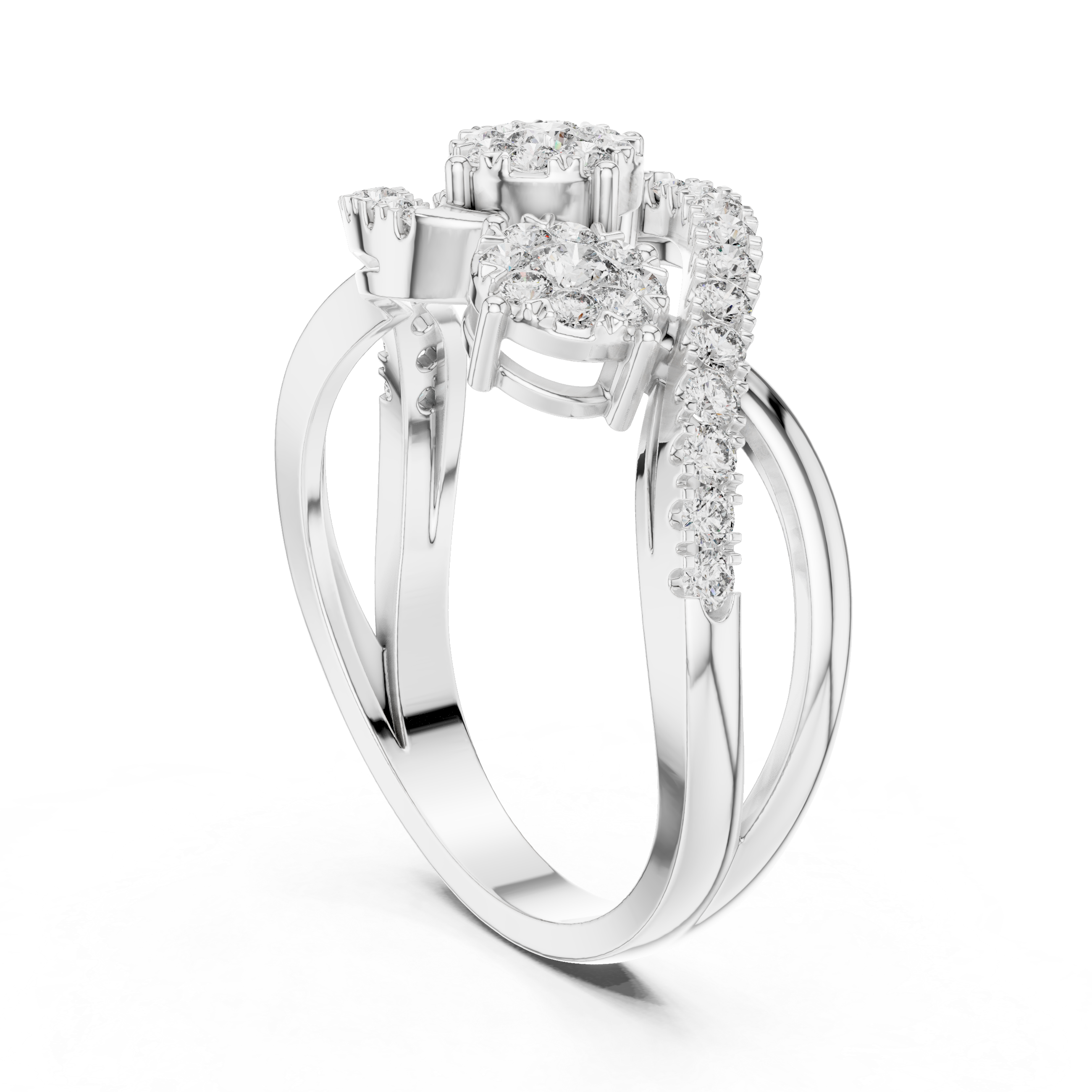 Luxurious ring with three diamond floral clusters and diamond accents