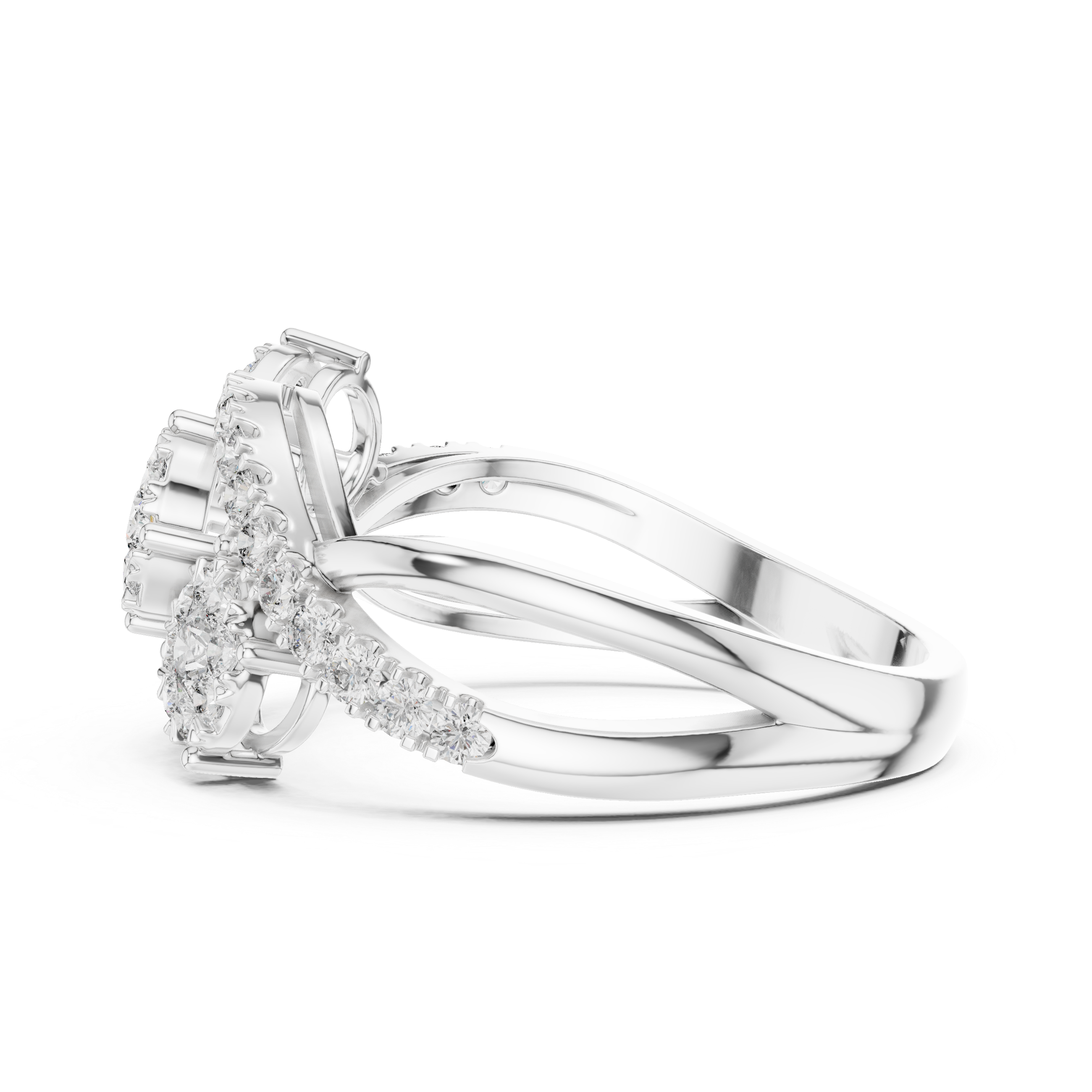 Luxurious ring with three diamond floral clusters and diamond accents