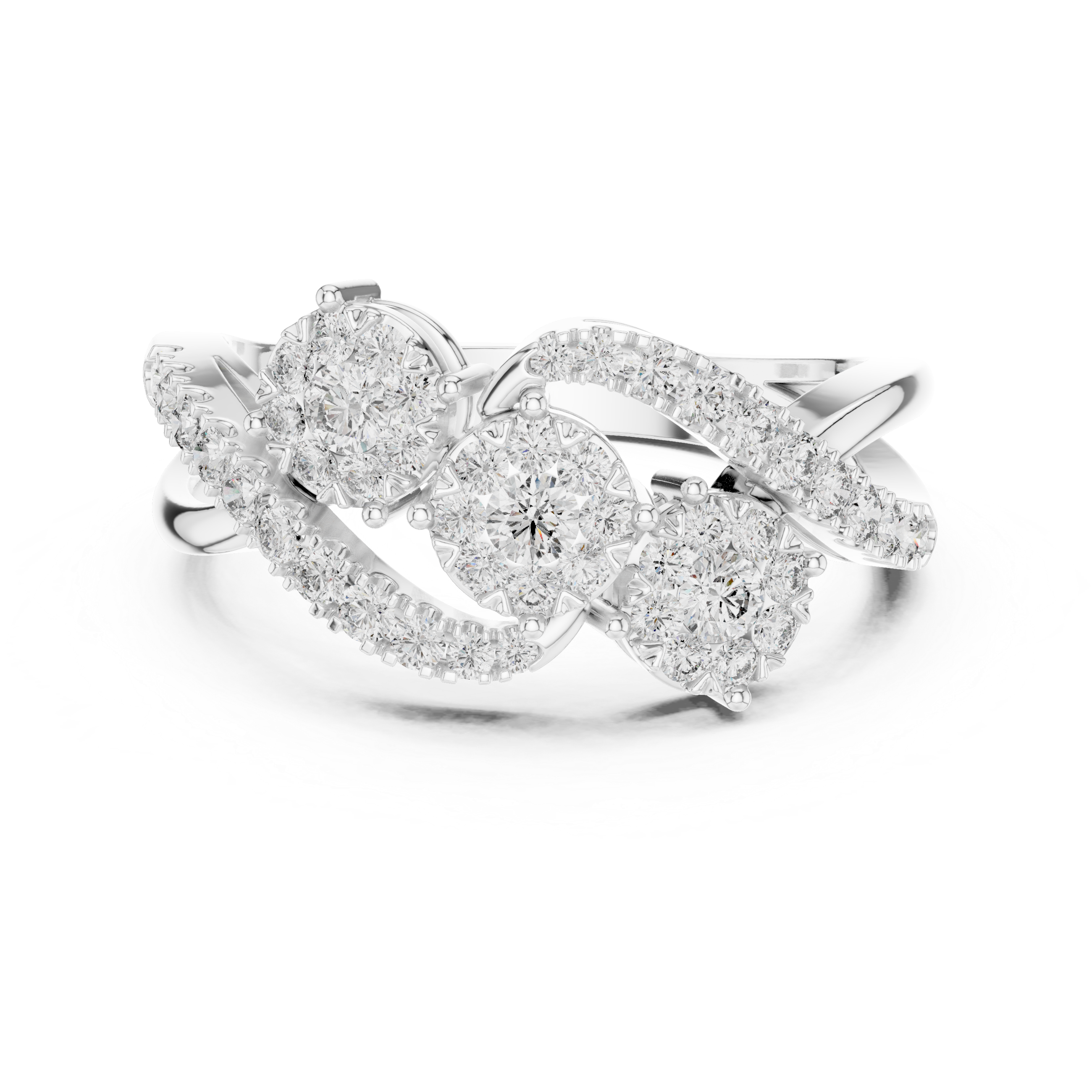 Luxurious ring with three diamond floral clusters and diamond accents