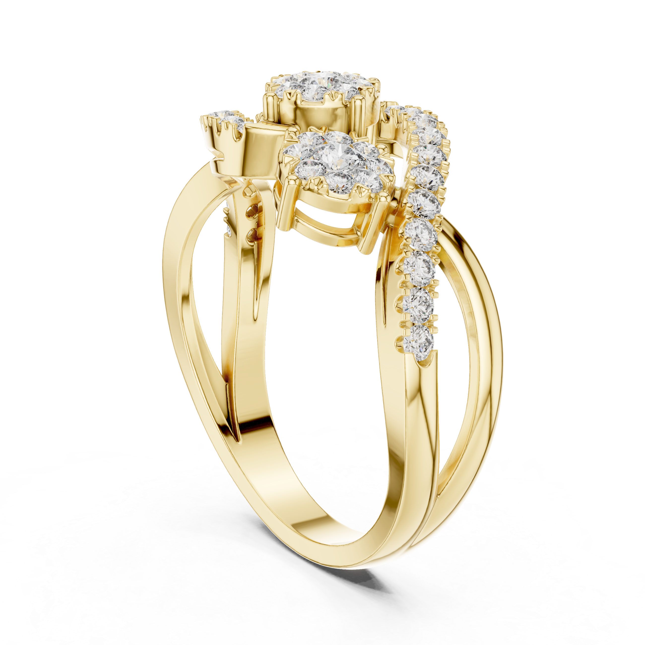 Luxurious ring with three diamond floral clusters and diamond accents