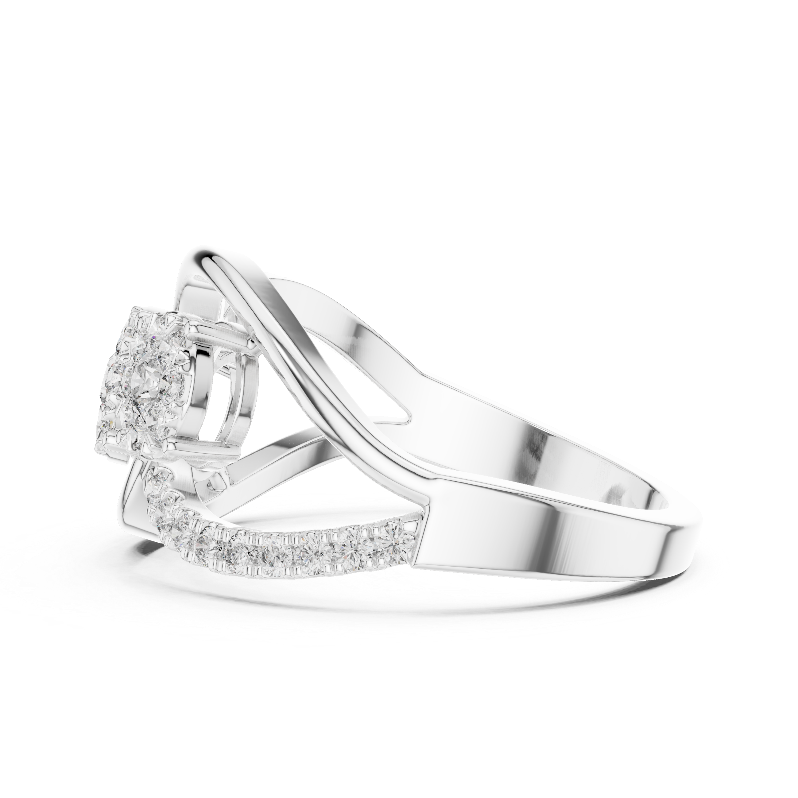 Cluster diamond ring with sparkling diamond accents on a split shank band.