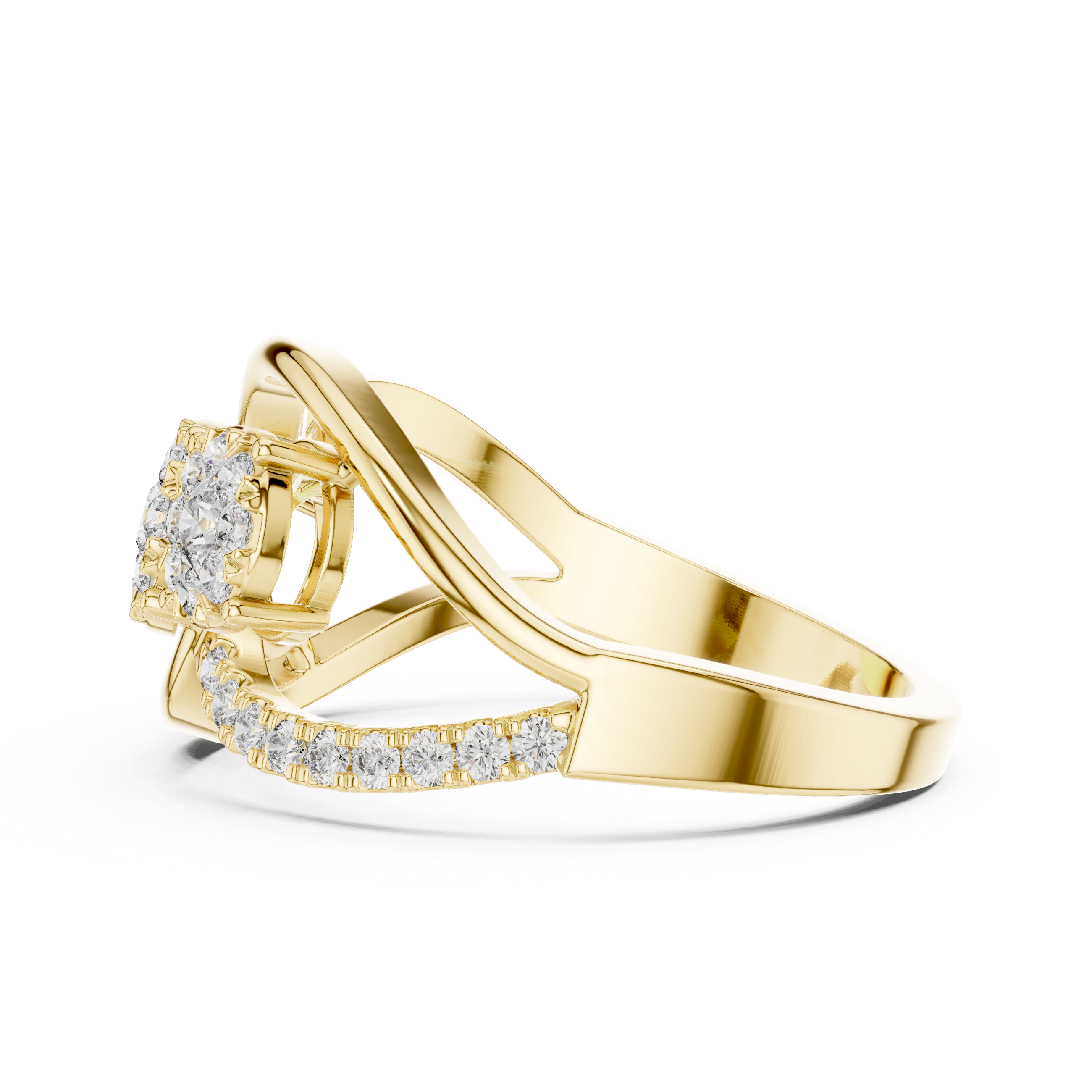Cluster diamond ring with sparkling diamond accents on a split shank band.