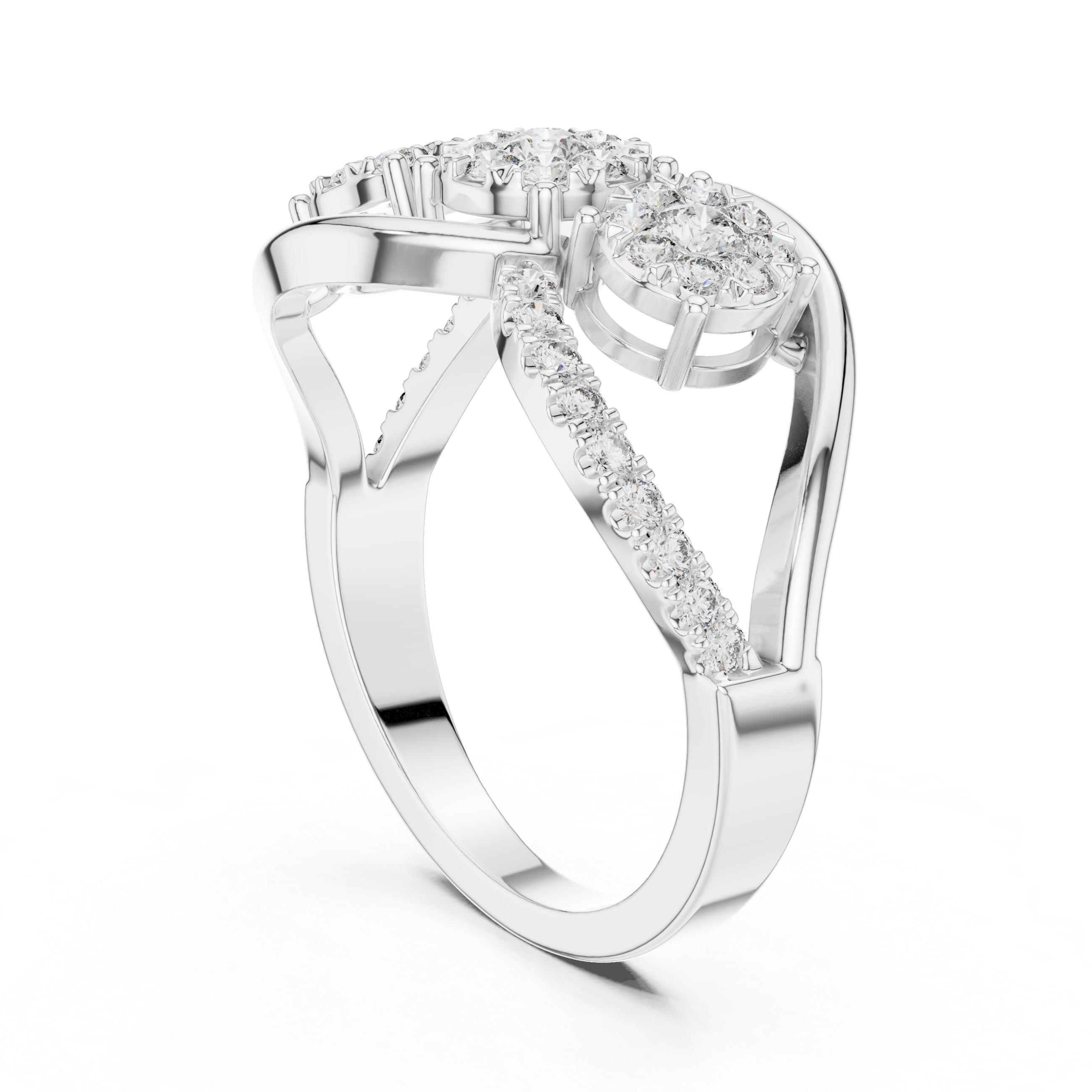 Cluster diamond ring with sparkling diamond accents on a split shank band.