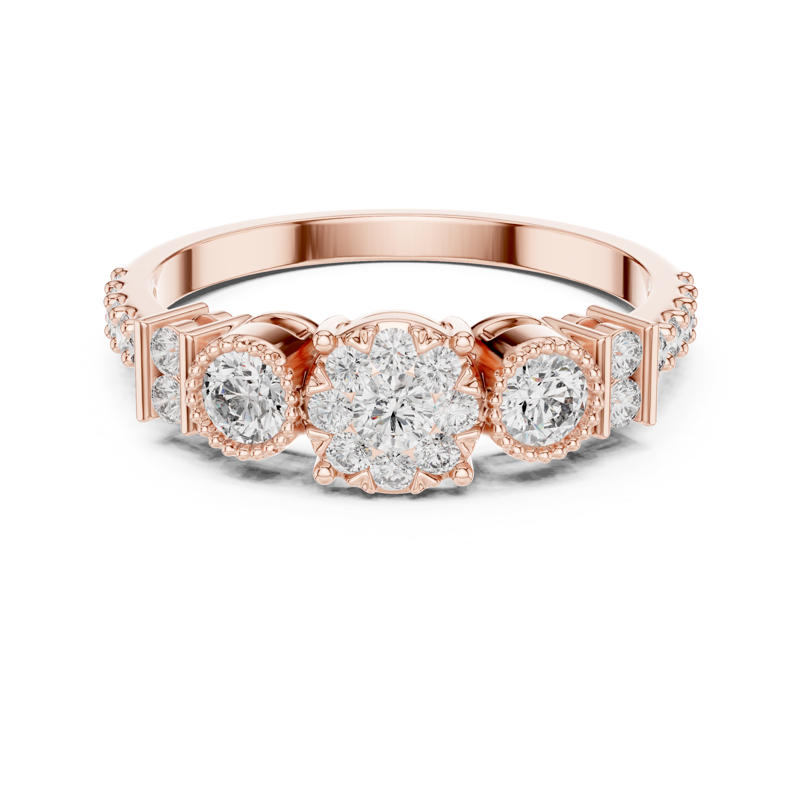 Cluster diamond ring with halo accents.