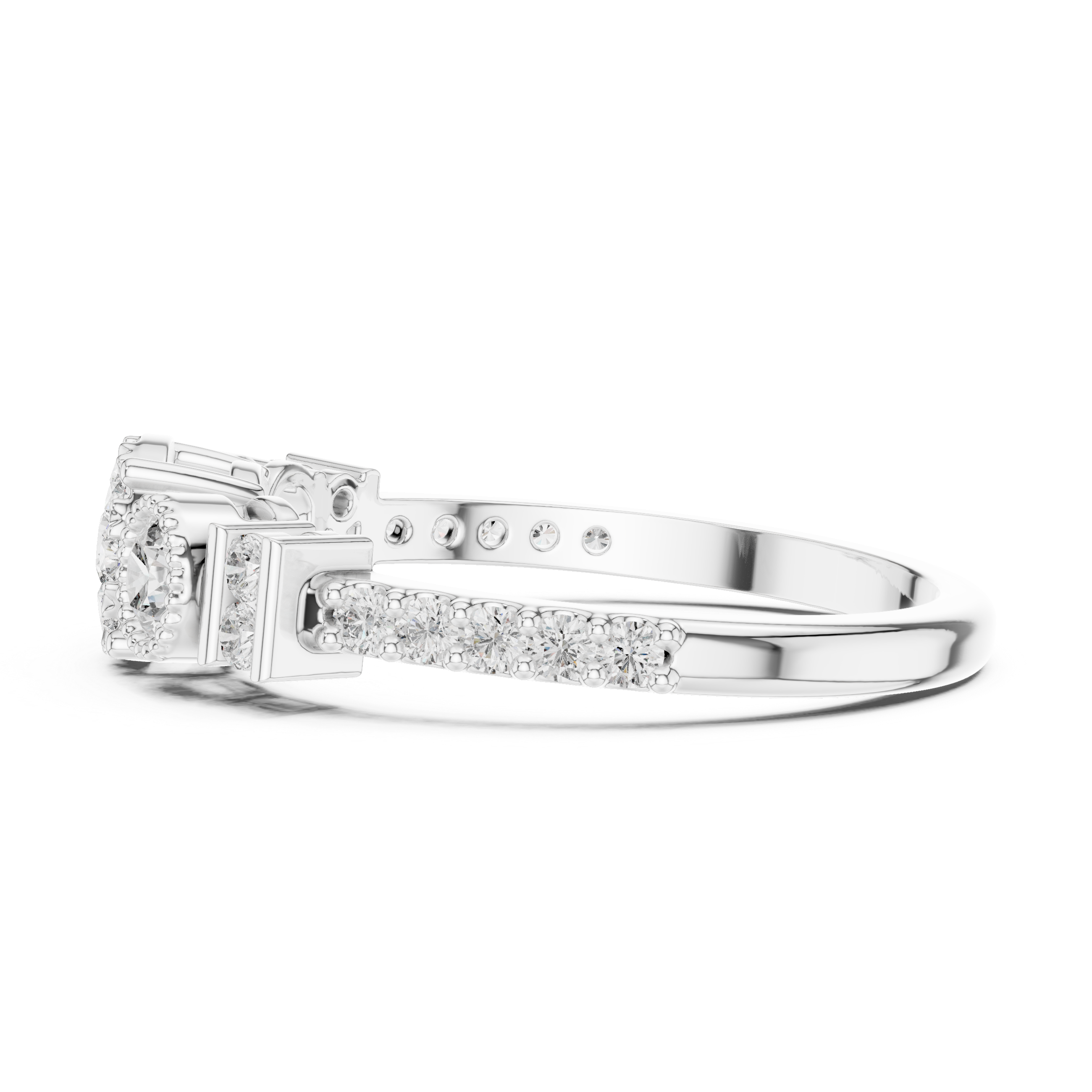 Cluster diamond ring with halo accents.