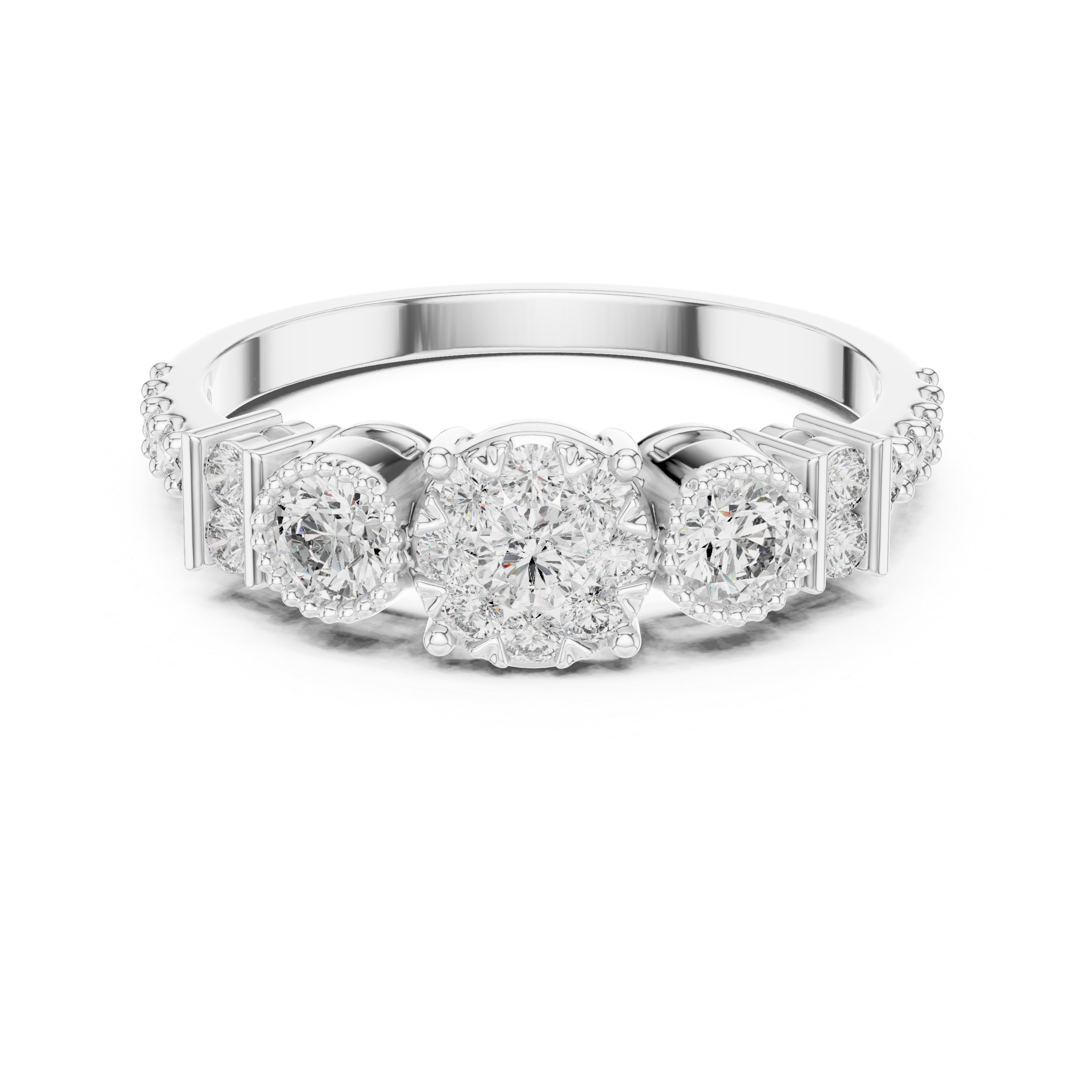 Cluster diamond ring with halo accents.