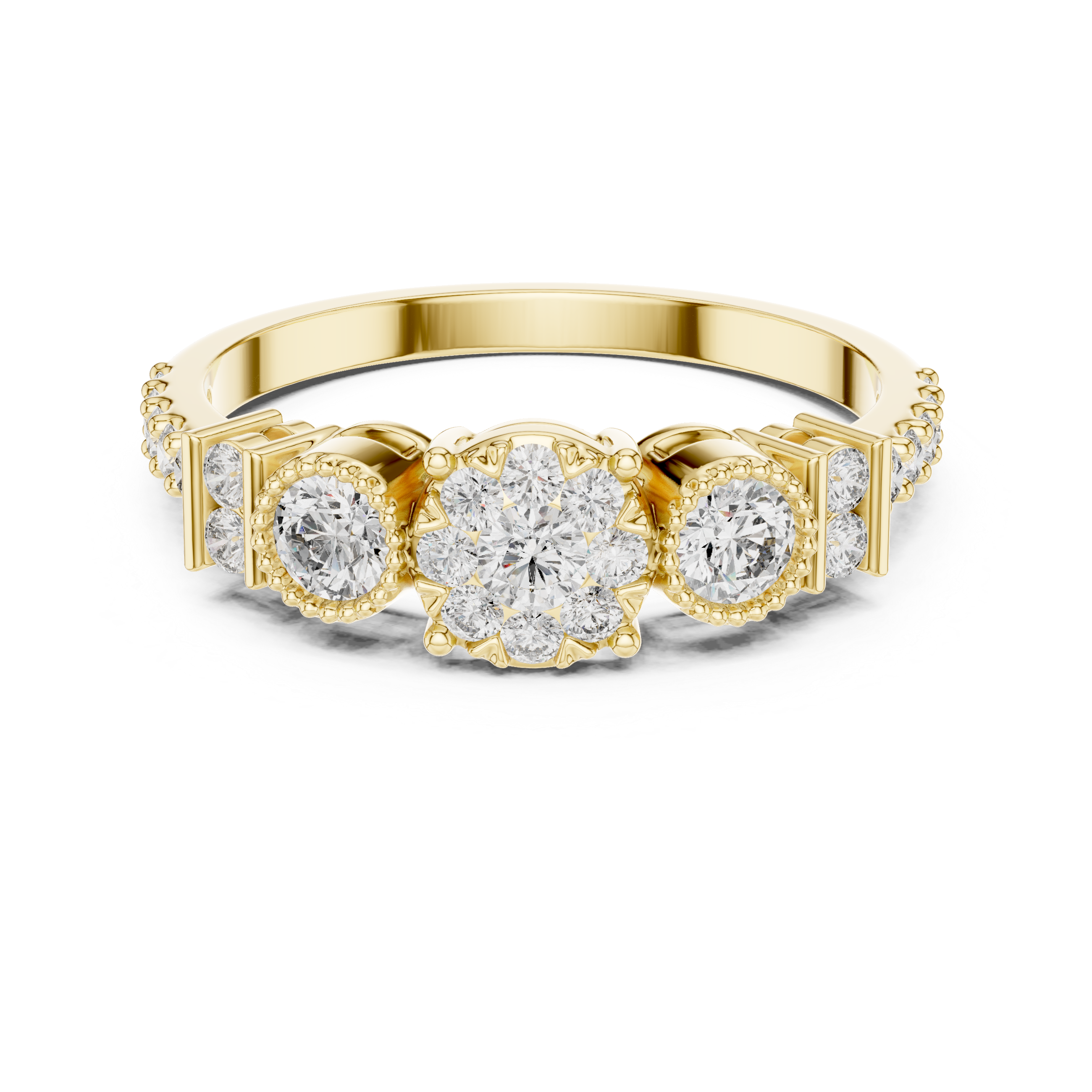 Cluster diamond ring with halo accents.