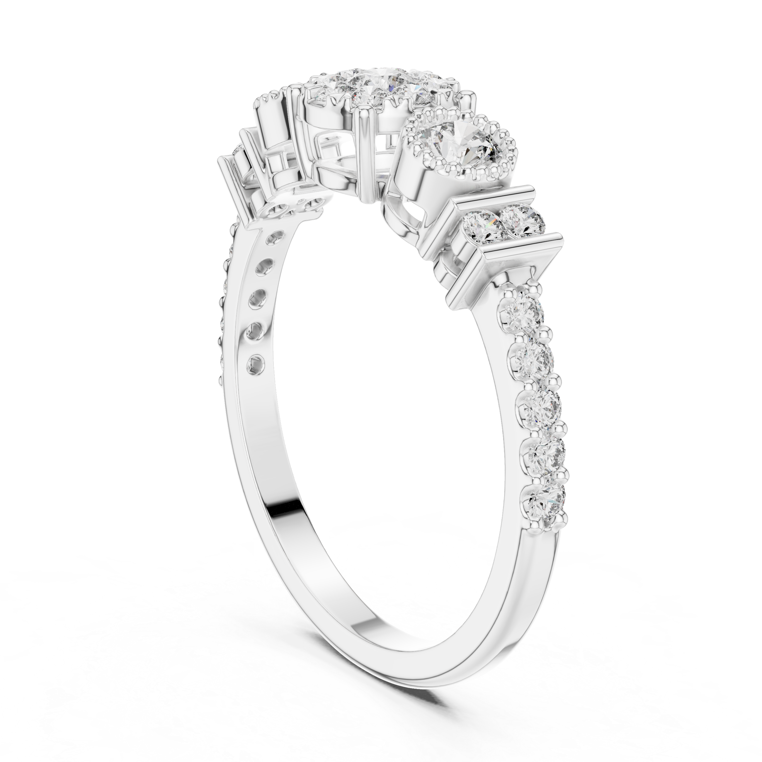 Cluster diamond ring with halo accents.