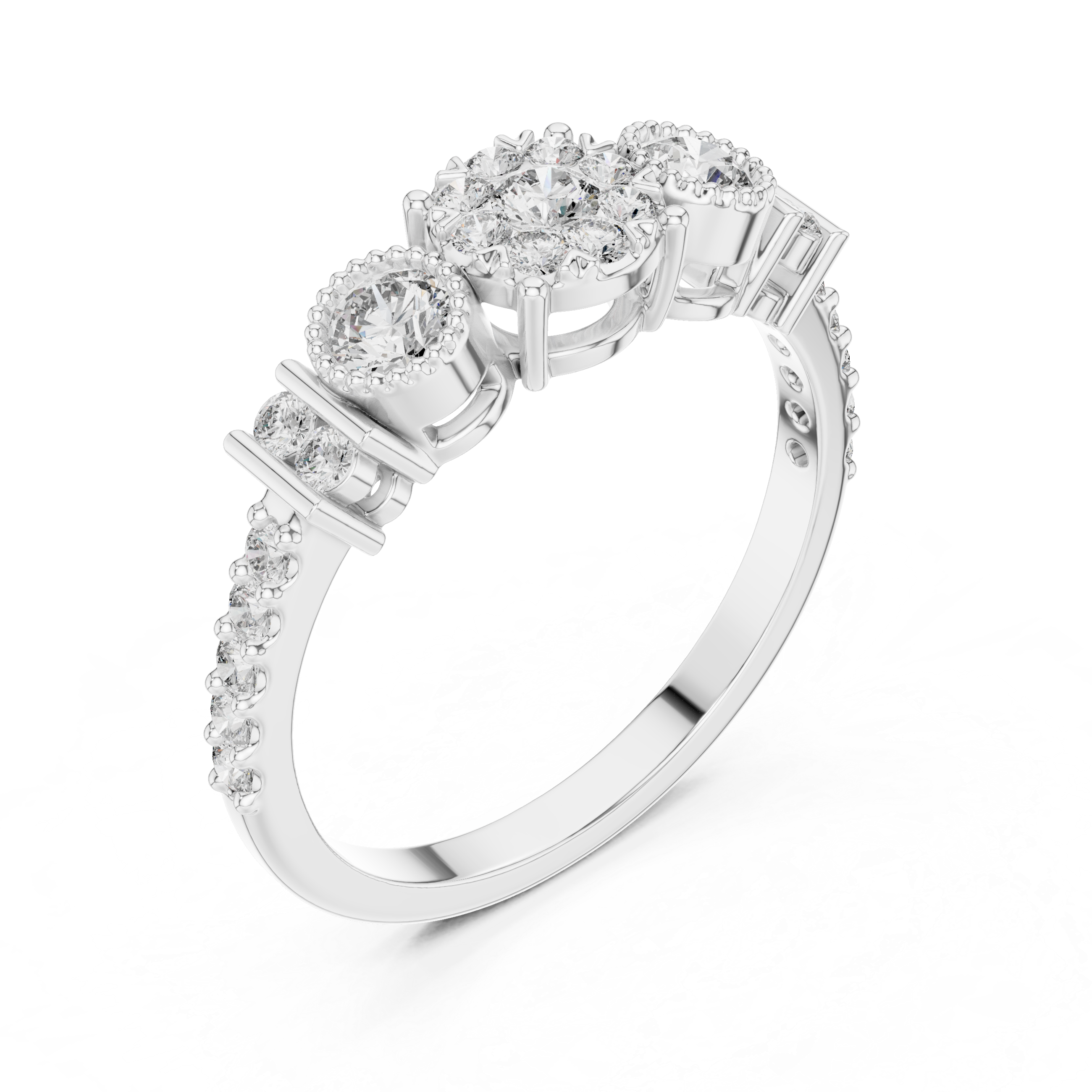 Cluster diamond ring with halo accents.