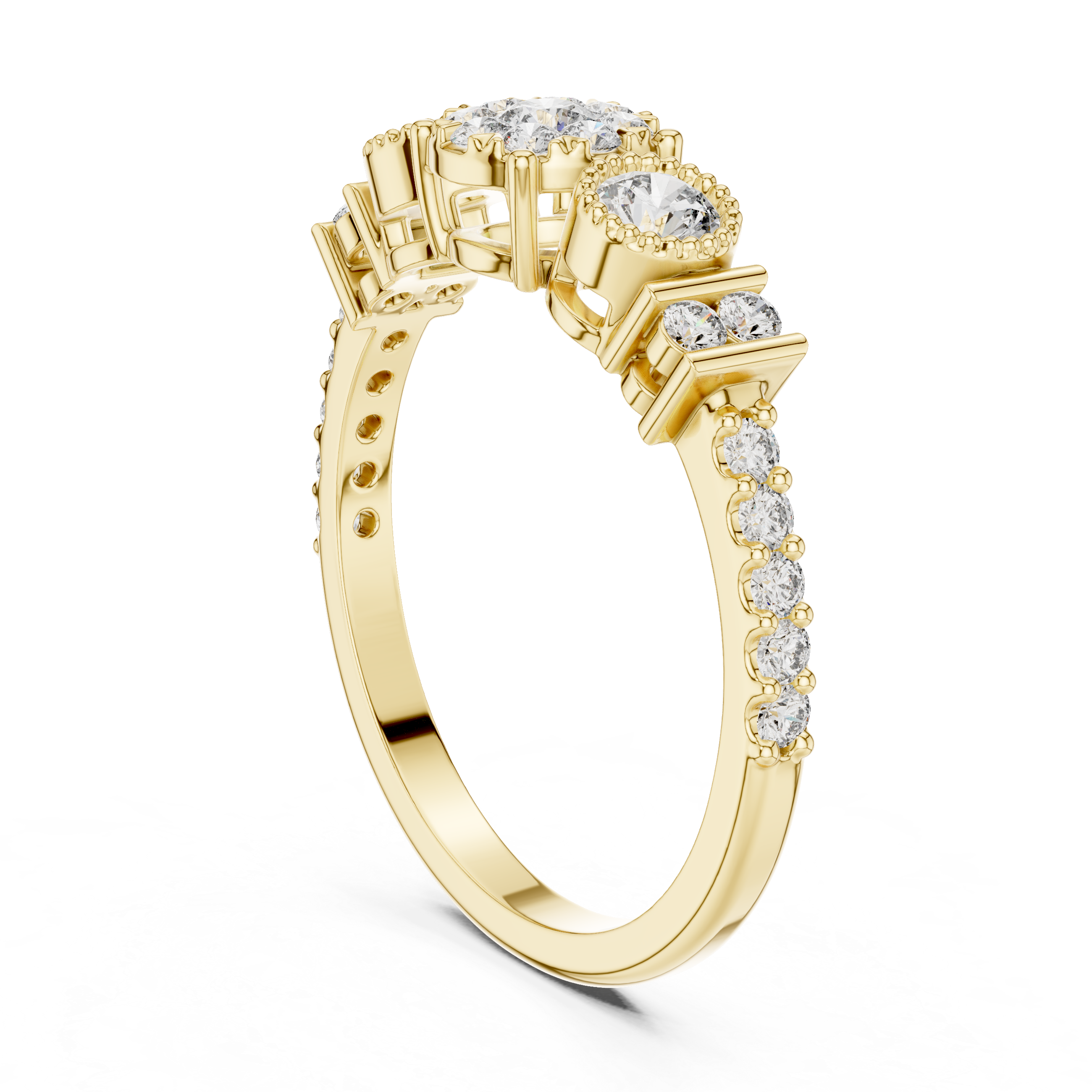 Cluster diamond ring with halo accents.