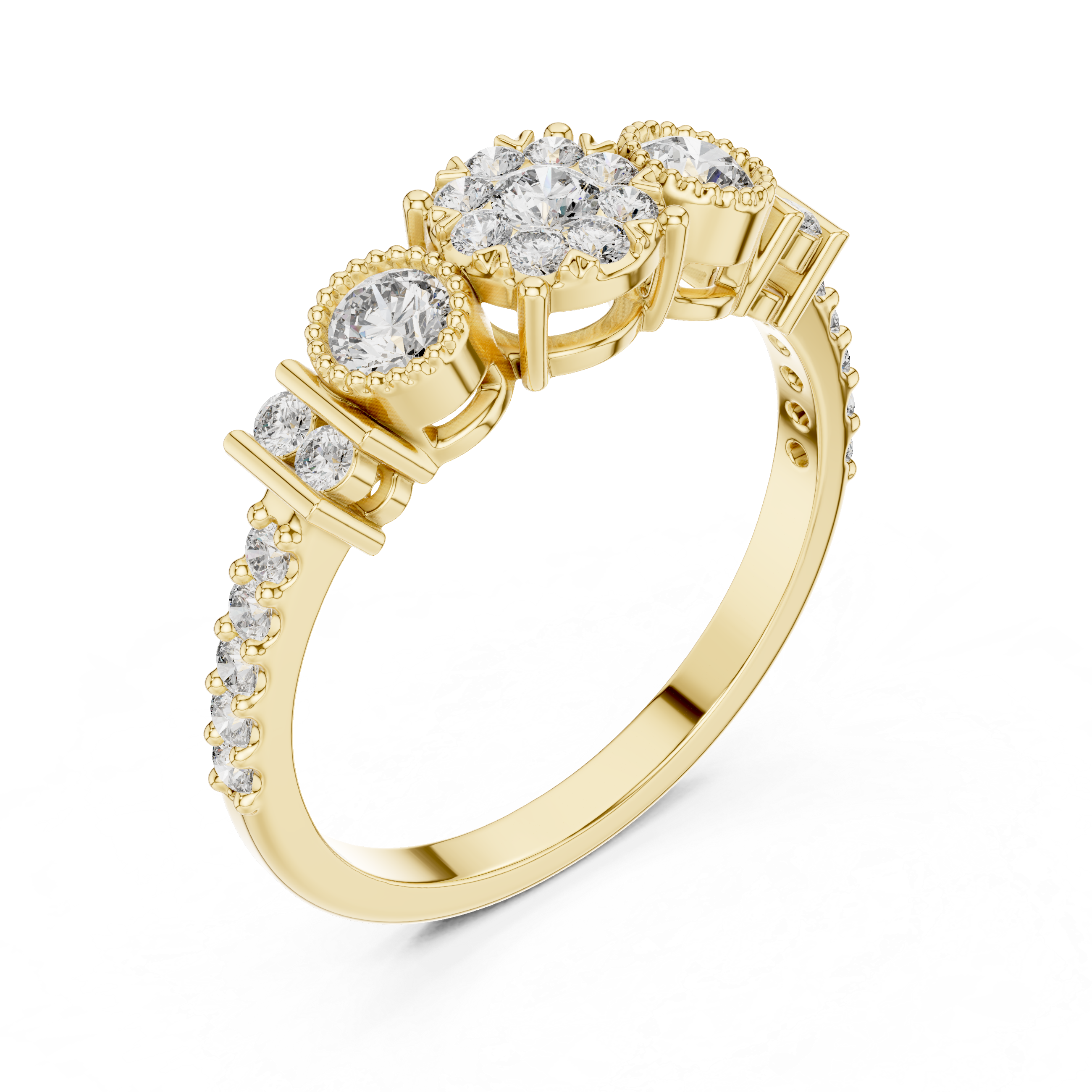 Cluster diamond ring with halo accents.