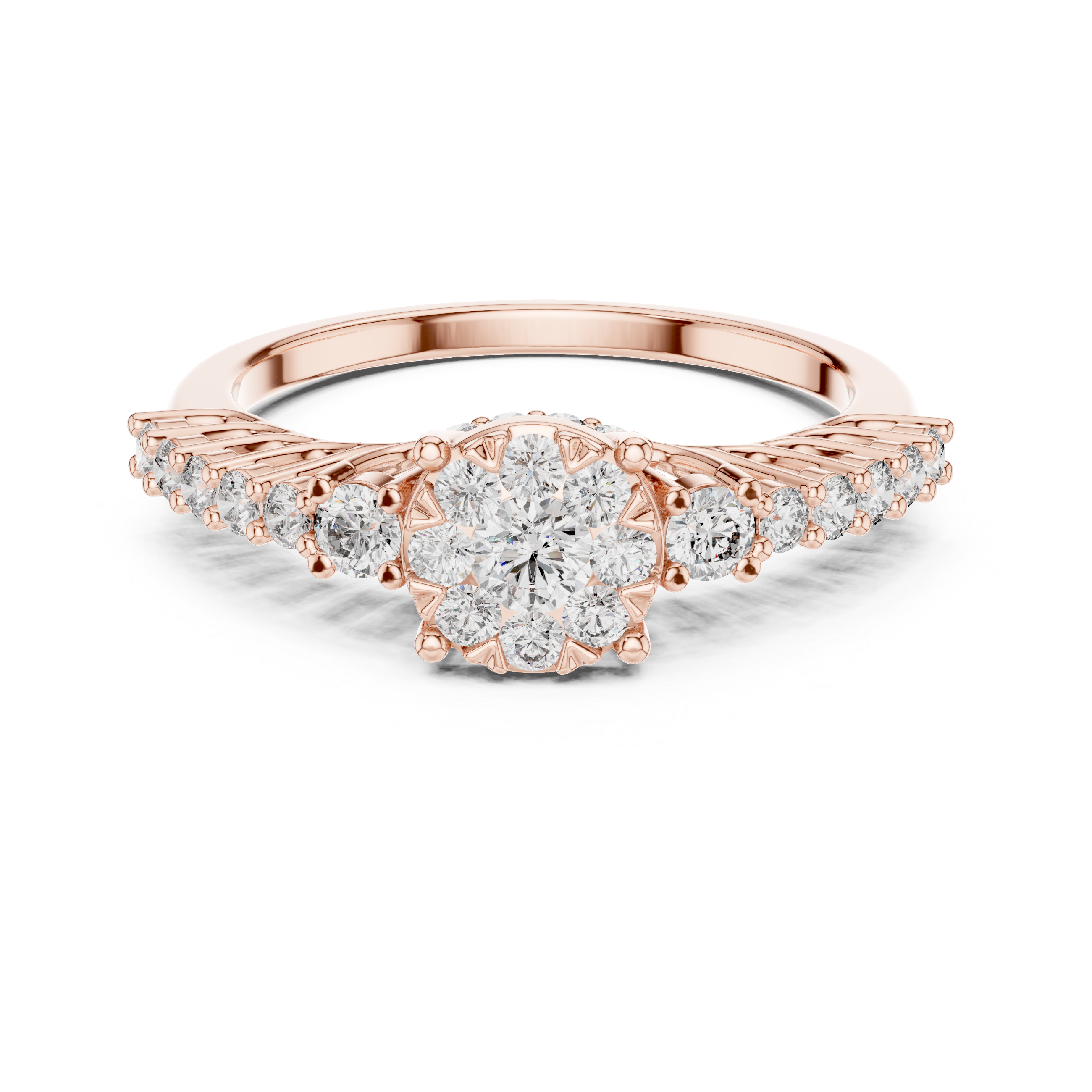 Cluster center diamond and unique split-shank diamond-accented band.