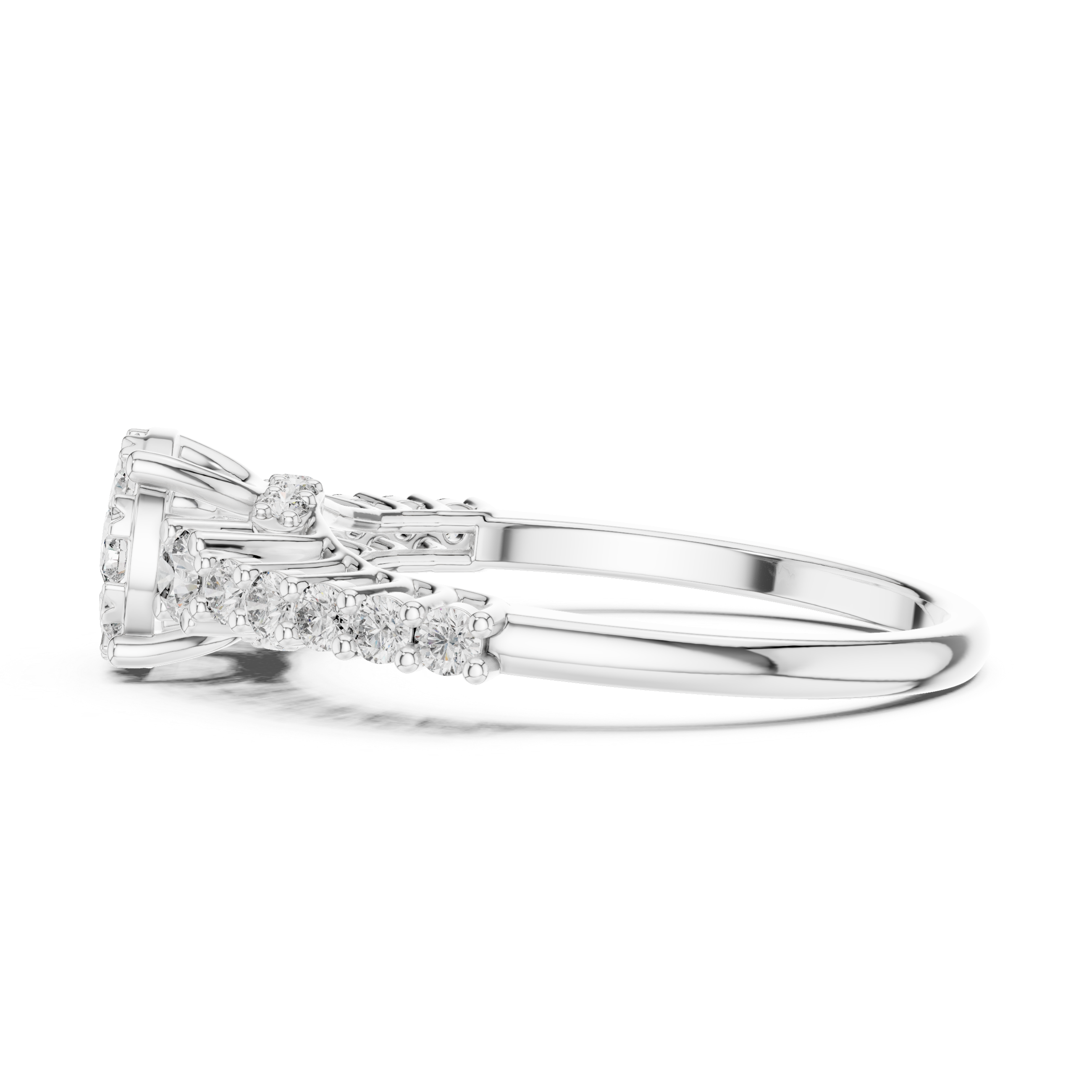 Cluster center diamond and unique split-shank diamond-accented band.