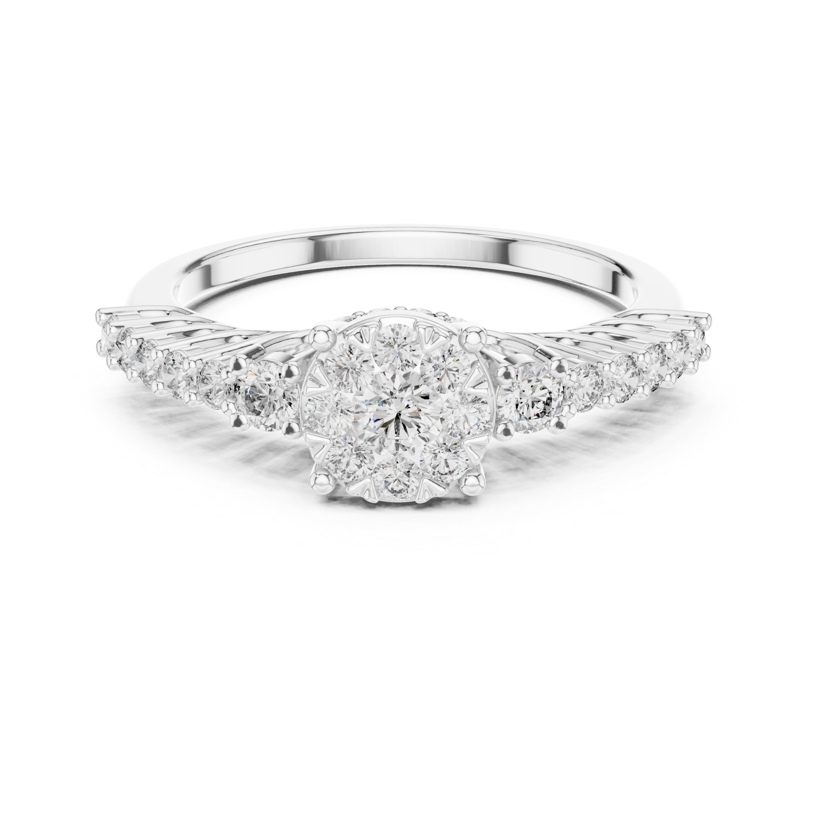 Cluster center diamond and unique split-shank diamond-accented band.