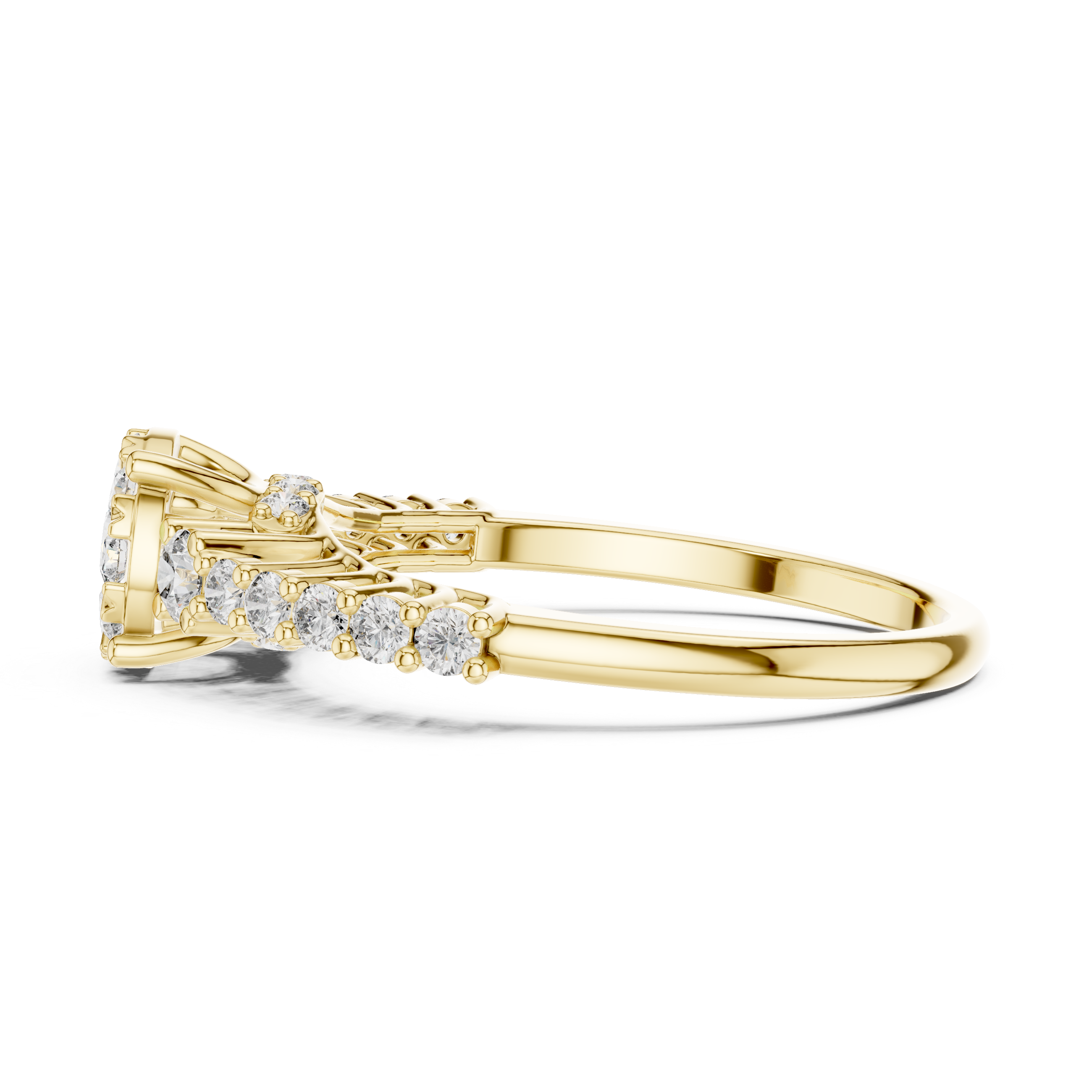 Cluster center diamond and unique split-shank diamond-accented band.