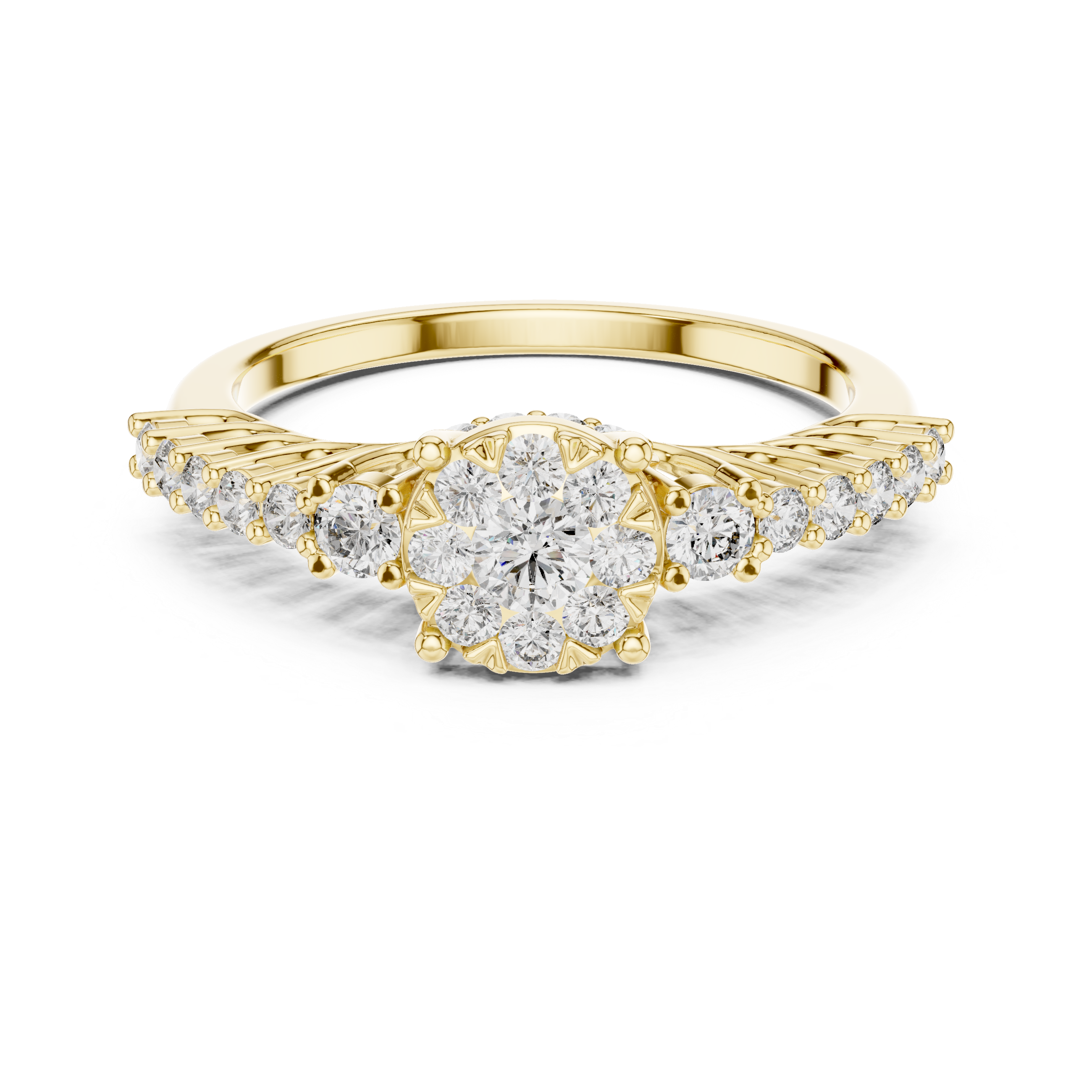 Cluster center diamond and unique split-shank diamond-accented band.