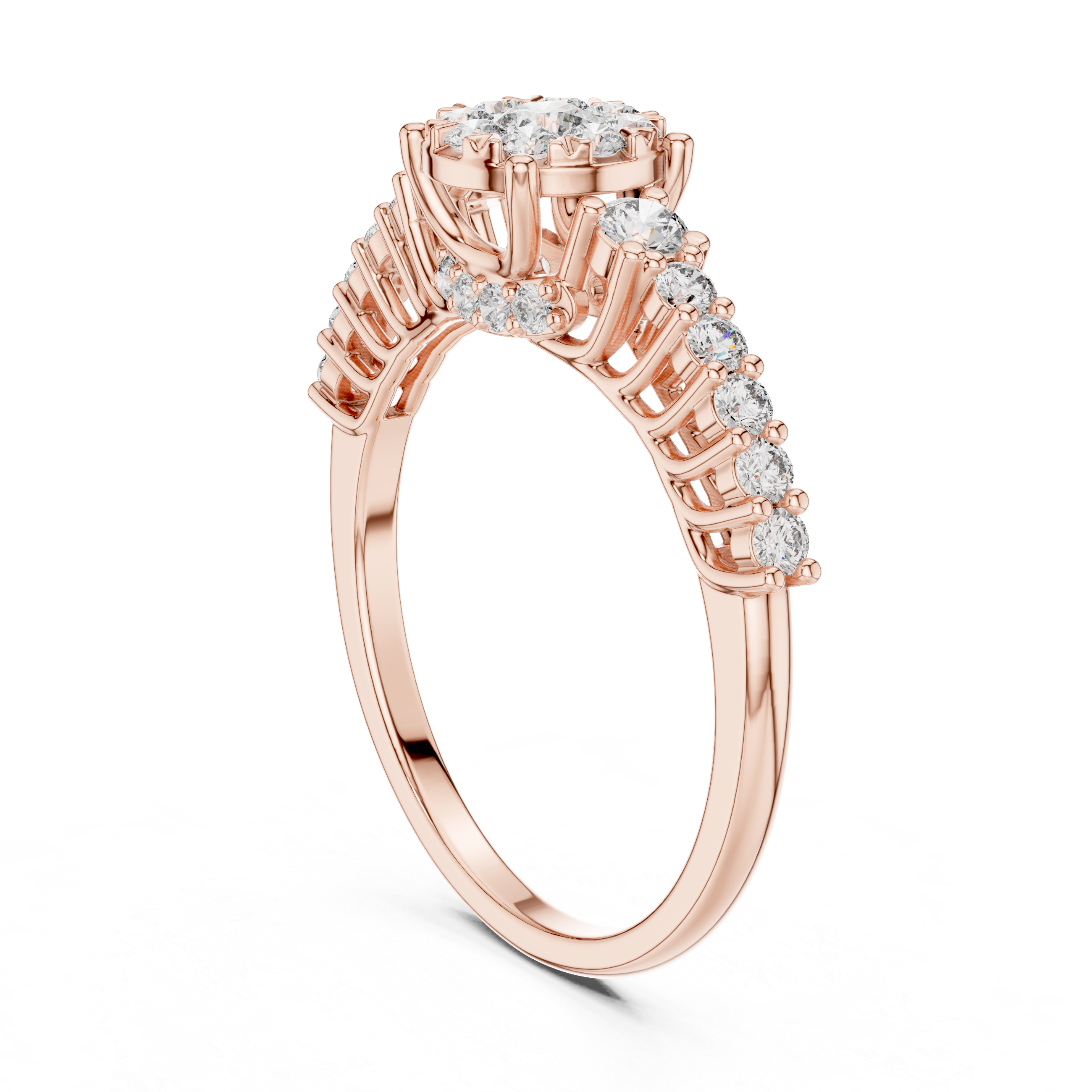 Cluster center diamond and unique split-shank diamond-accented band.