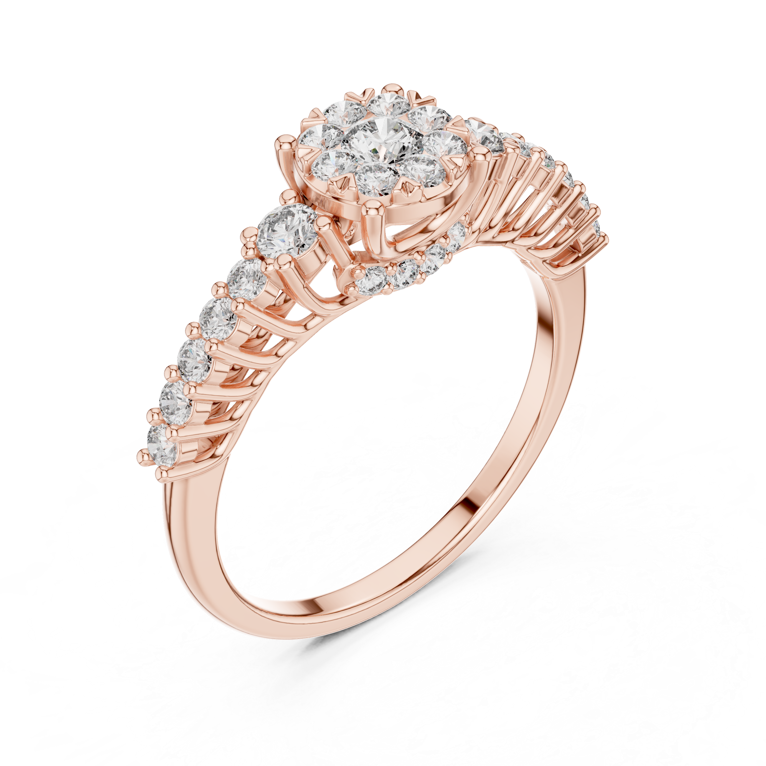 Cluster center diamond and unique split-shank diamond-accented band.