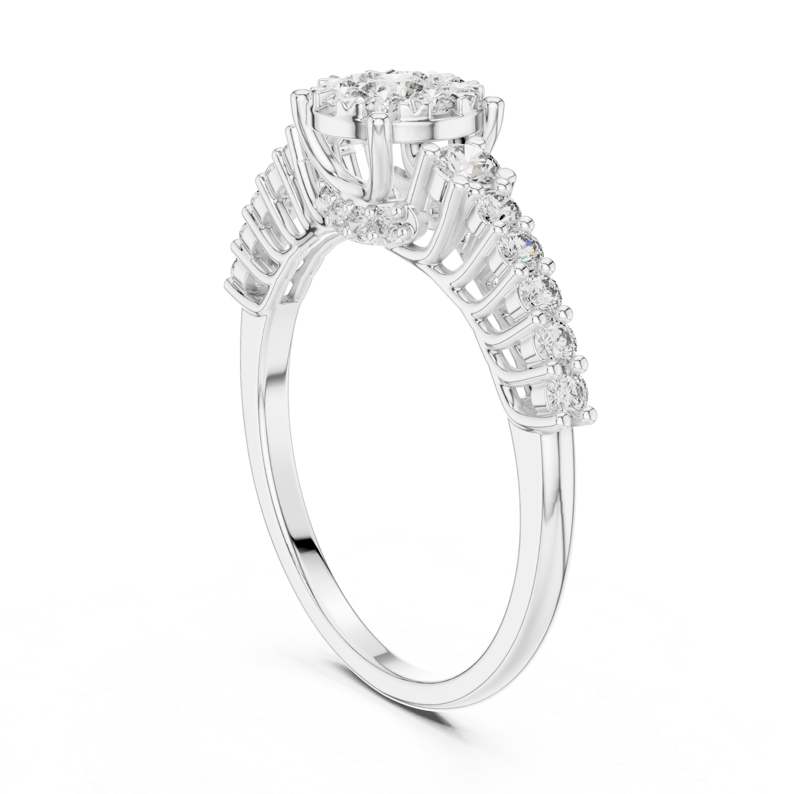 Cluster center diamond and unique split-shank diamond-accented band.
