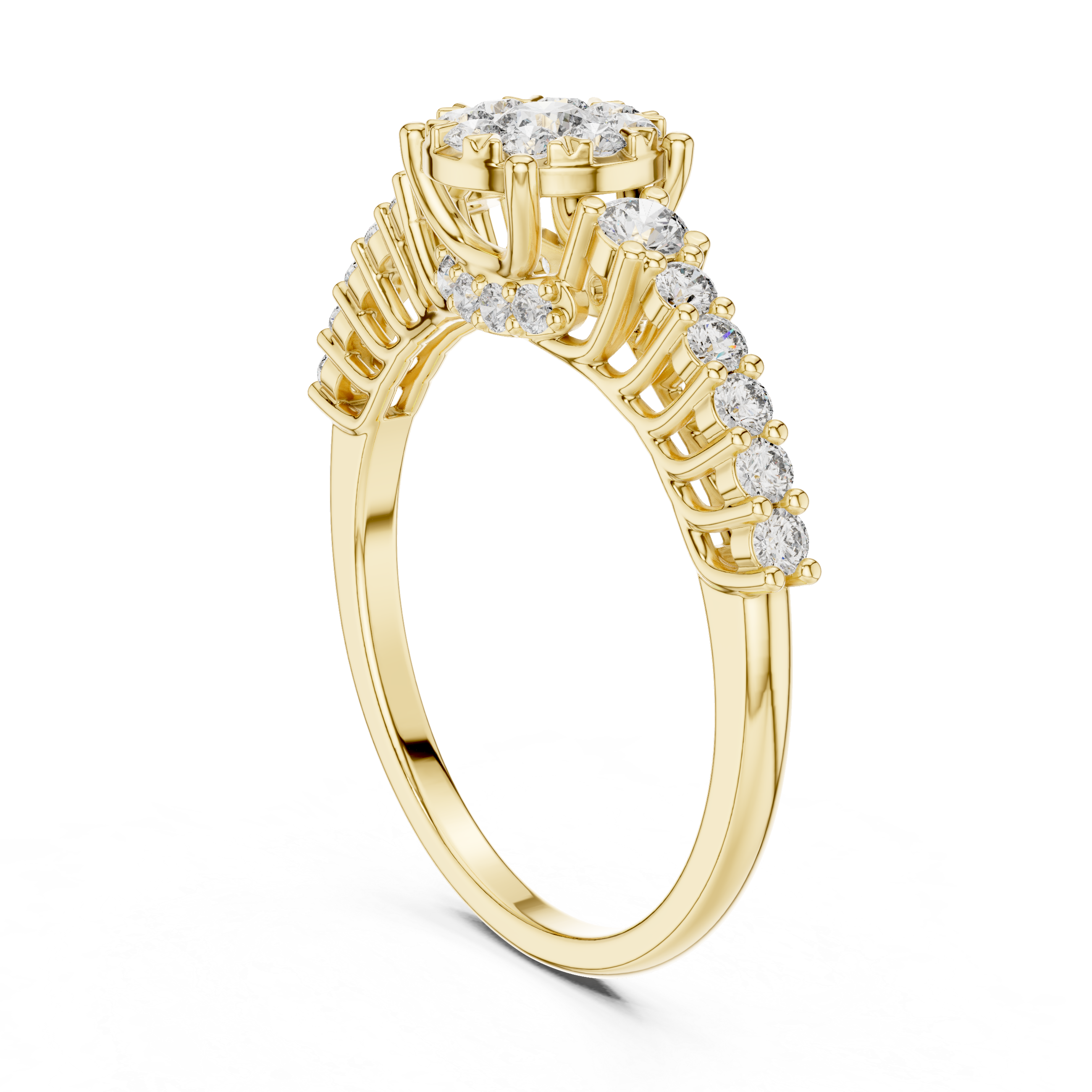 Cluster center diamond and unique split-shank diamond-accented band.